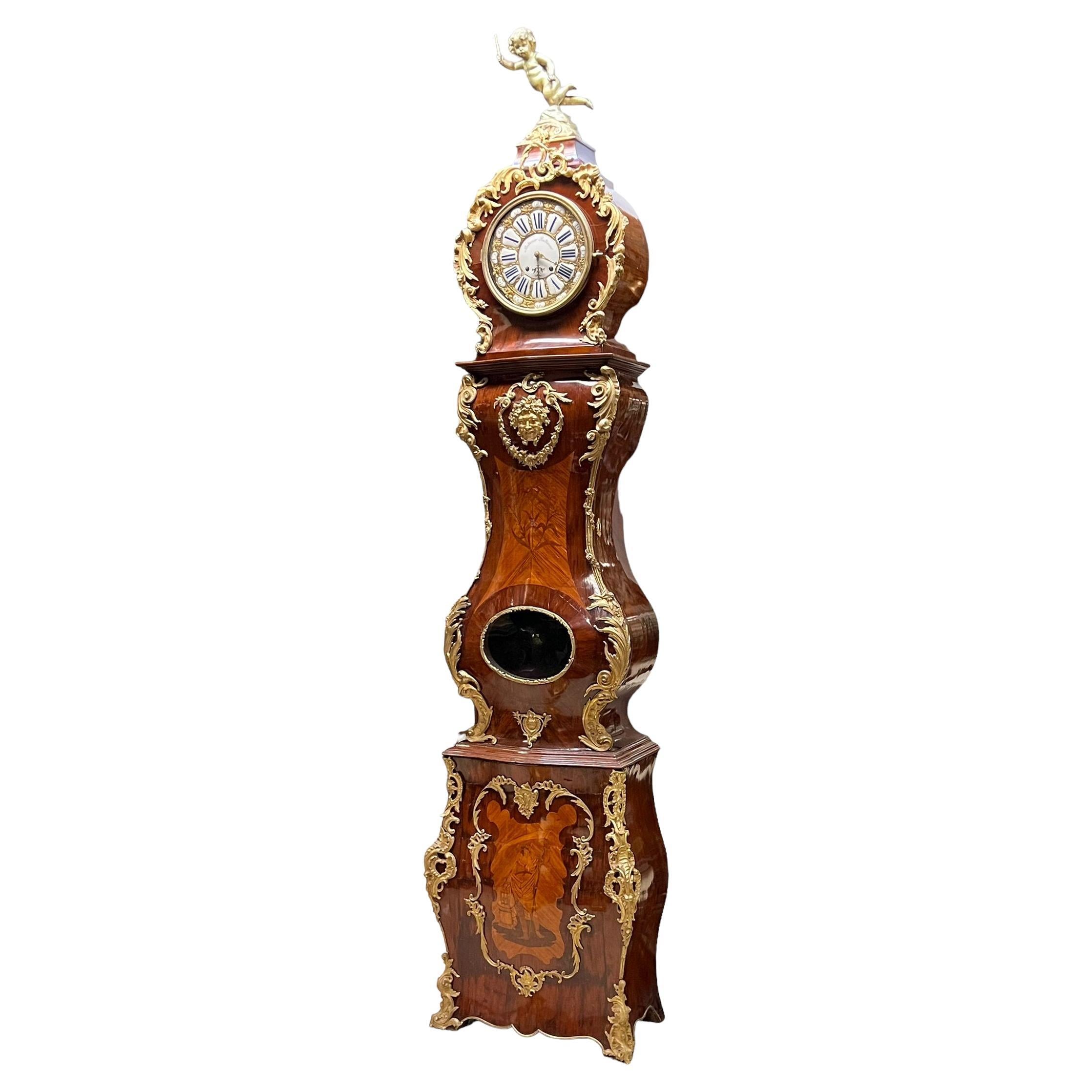 Louis XV-Style Gilt Bronze Mounted Kingwood Tall-Case Clock with Marquetry Inlay For Sale