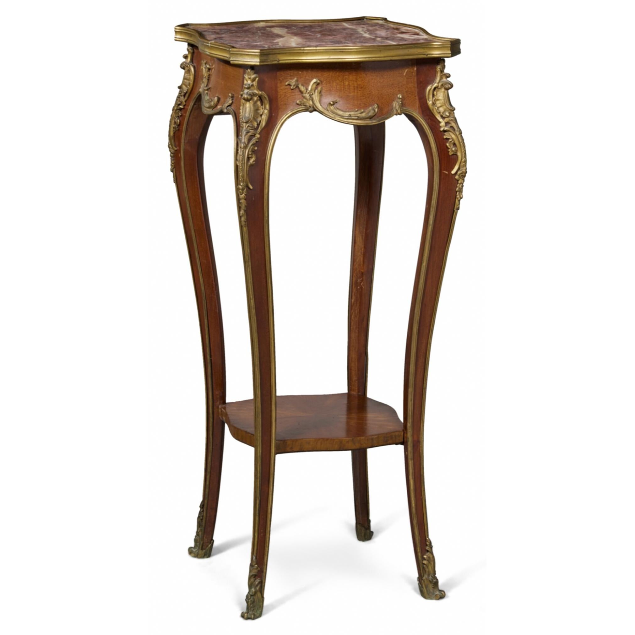 This fabulous Gervais Durand mahogany side table with square Fleur de Pêcher marble top is quite unique, standing out amongst other similar side tables of the period with more streamlined garniture and square top. 
stamped G. Durand, with a Fleur