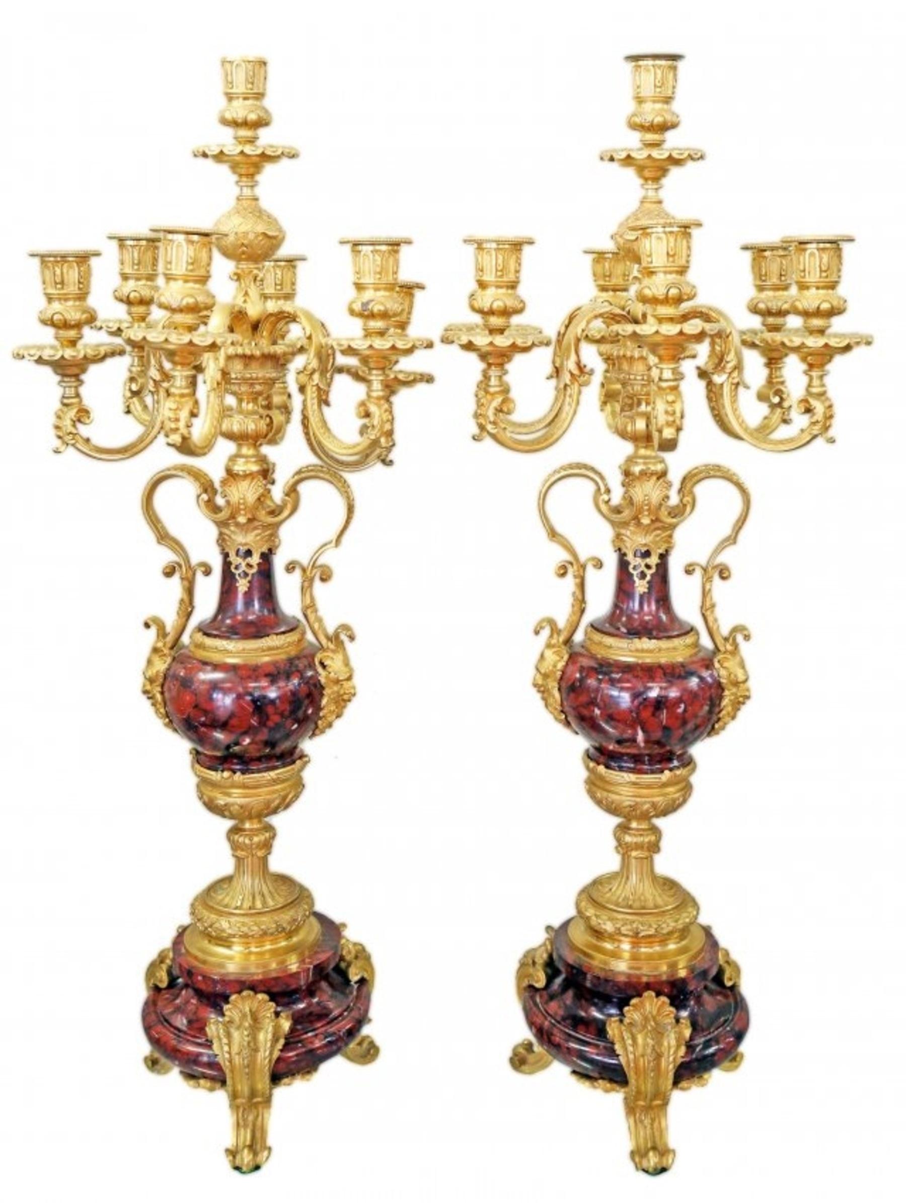 Louis XV style gilt bronze mounted marble seven-light candelabra
Each classical 