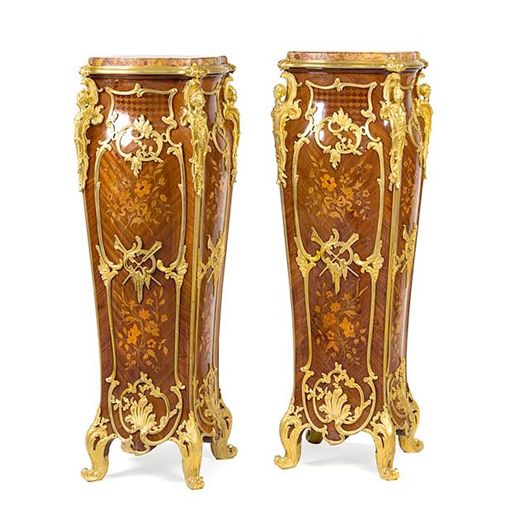 French Louis XV Style Gilt Bronze Mounted Marquetry Pedestals with breche d'alep marble For Sale