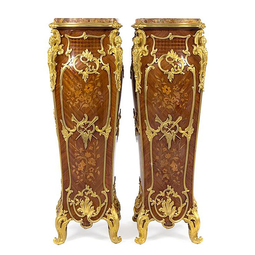Louis XV Style Gilt Bronze Mounted Marquetry Pedestals with breche d'alep marble In Good Condition For Sale In New York, NY