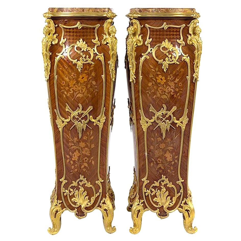 Louis XV Style Gilt Bronze Mounted Marquetry Pedestals with breche d'alep marble