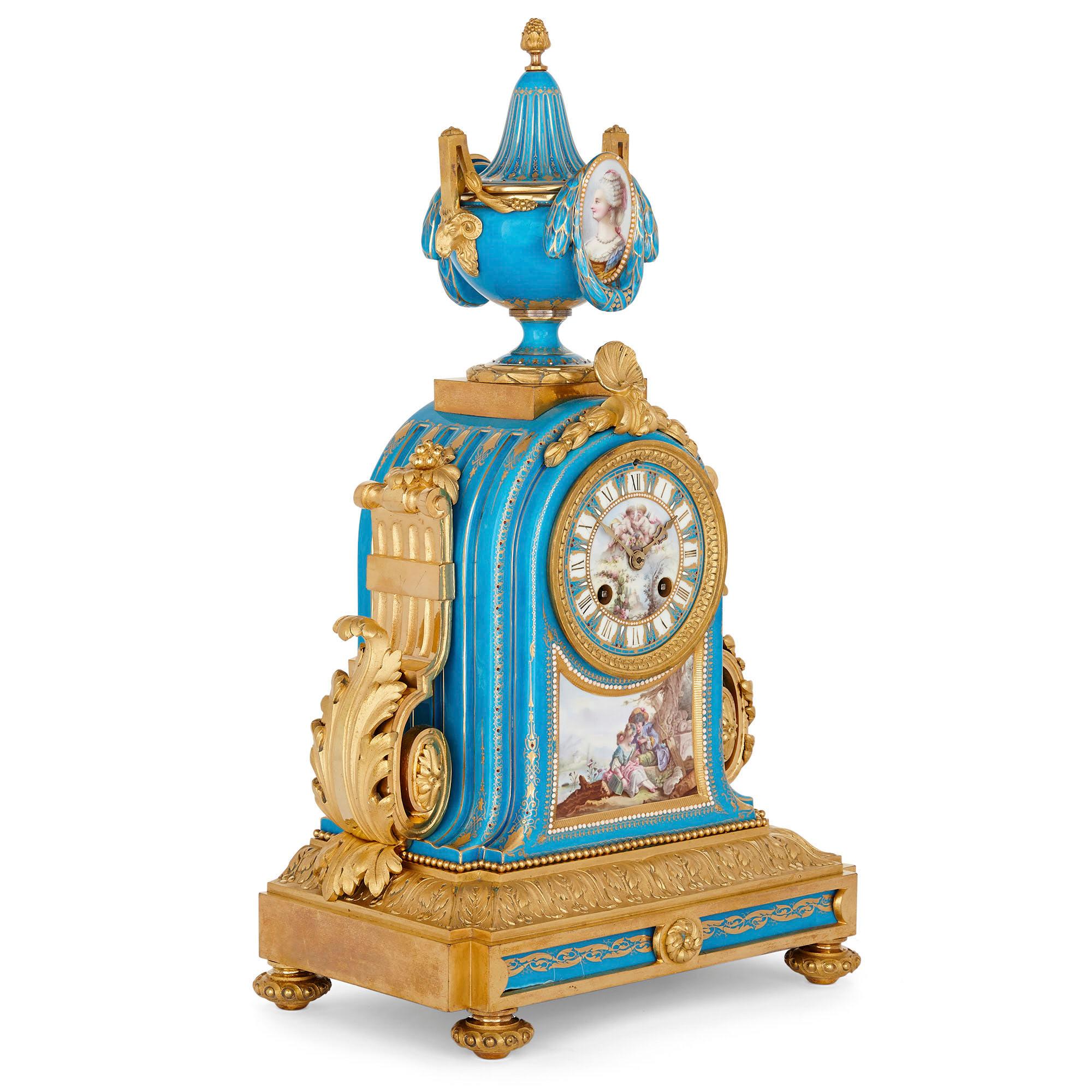 Louis XV style gilt bronze mounted porcelain mantel clock
French, late 19th century
Measures: Height 46cm, width 26cm, depth 17cm

This stunning Rococo style mantel clock features a parcel gilt porcelain and gilt bronze body. Raised on a flared