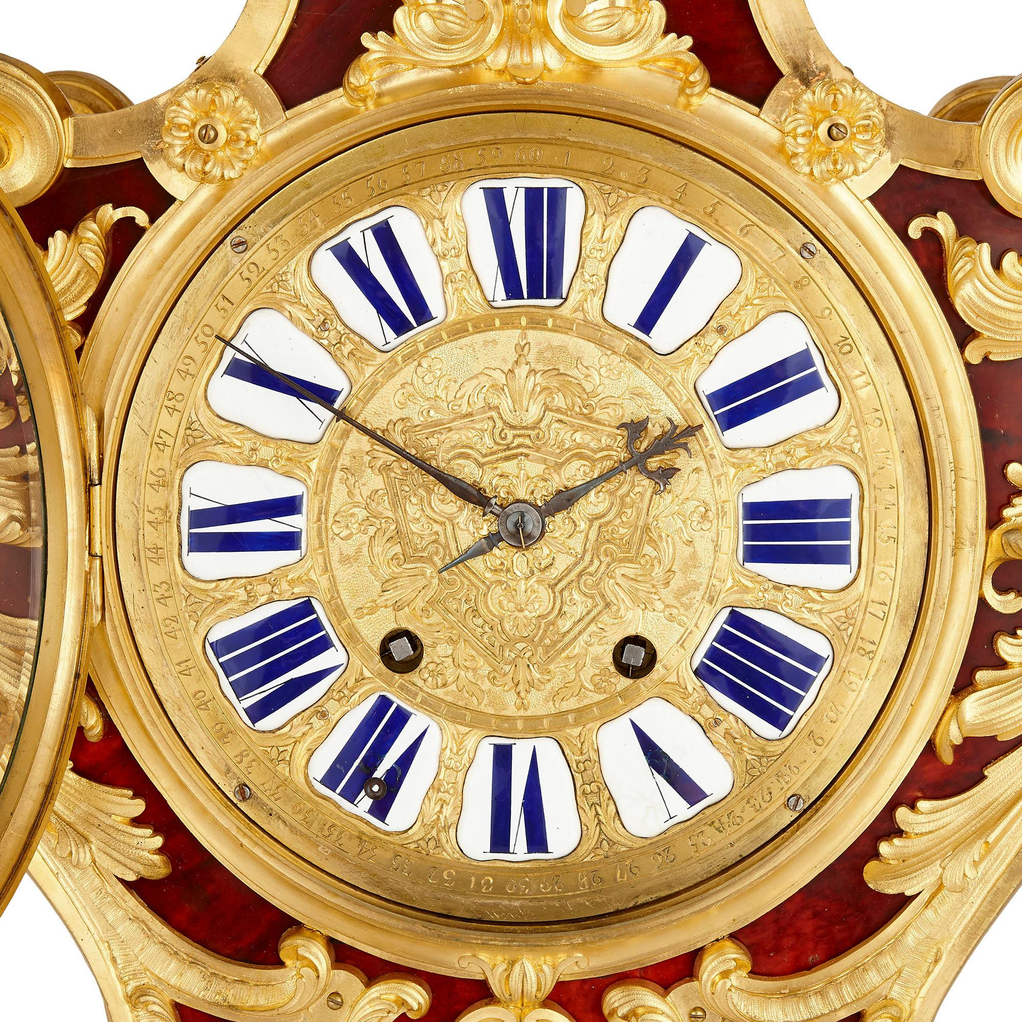 Louis XV style gilt bronze mounted tortoiseshell bracket clock by Gros
French, circa 1860
Measures: Clock height 90cm, width 52cm, depth 30cm
Bracket height 44cm, width 55cm, depth 34cm

This remarkable bracket clock is by Jean-Louis-Benjamin
