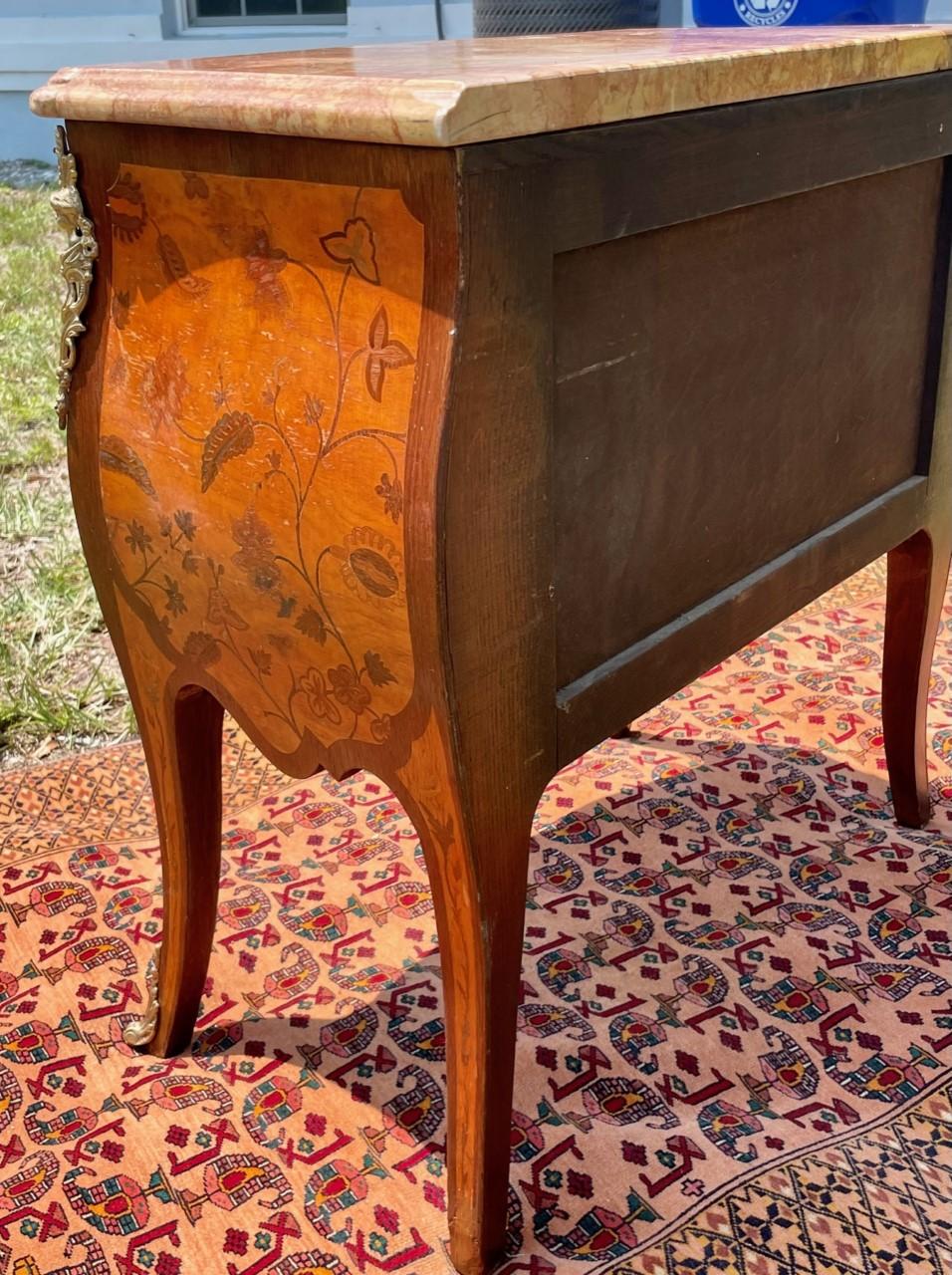 19th Century Louis XV Style Gilt Bronze Mounted Tulipwood Marquetry Bombe Commode