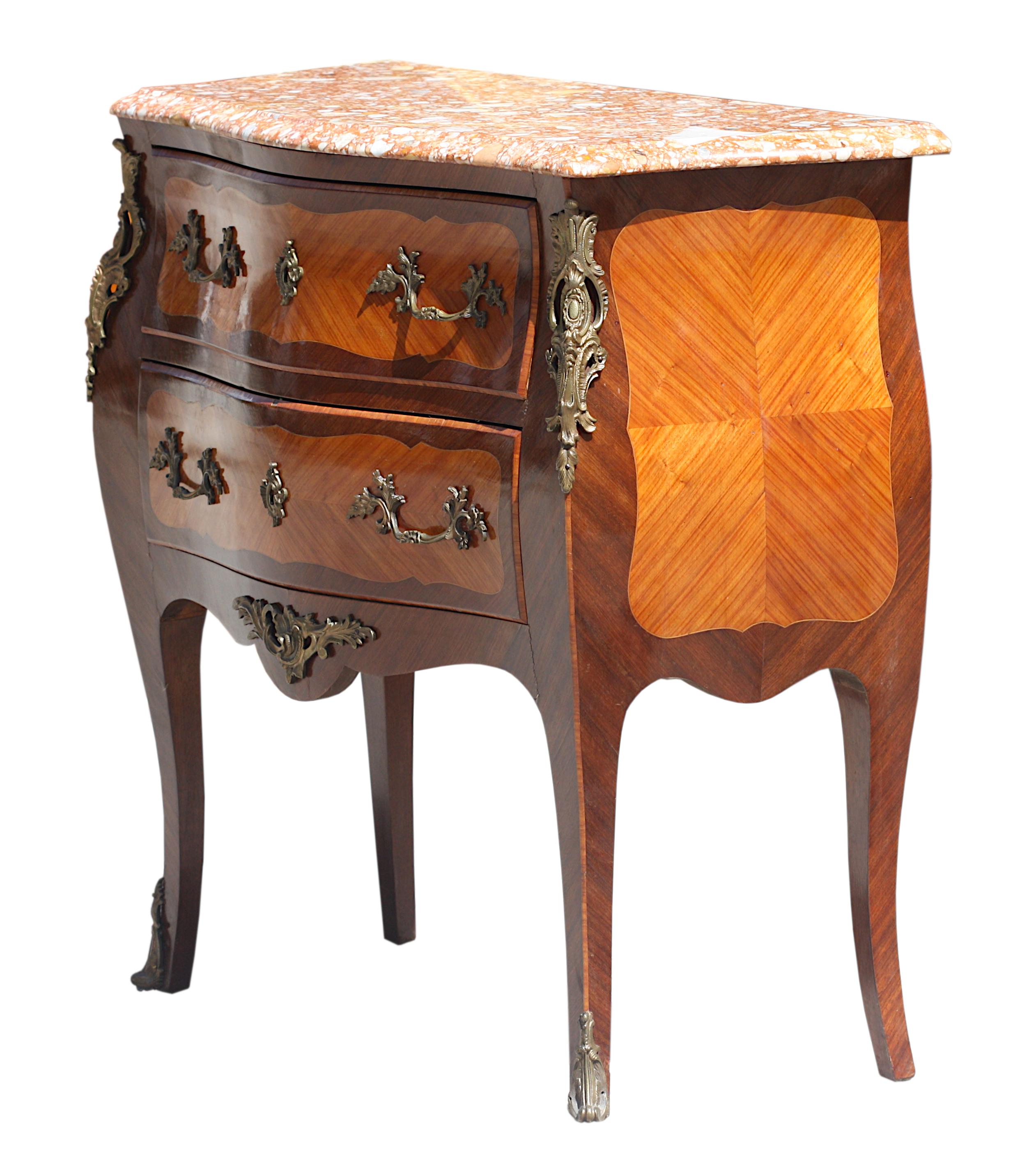 Louis XV Style Gilt-Bronze Mtd. Marble Top Fruitwood Marquetry Commode For Sale 7