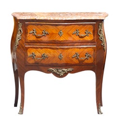 Louis XV Style Gilt-Bronze Mtd. Marble Top Fruitwood Marquetry Commode