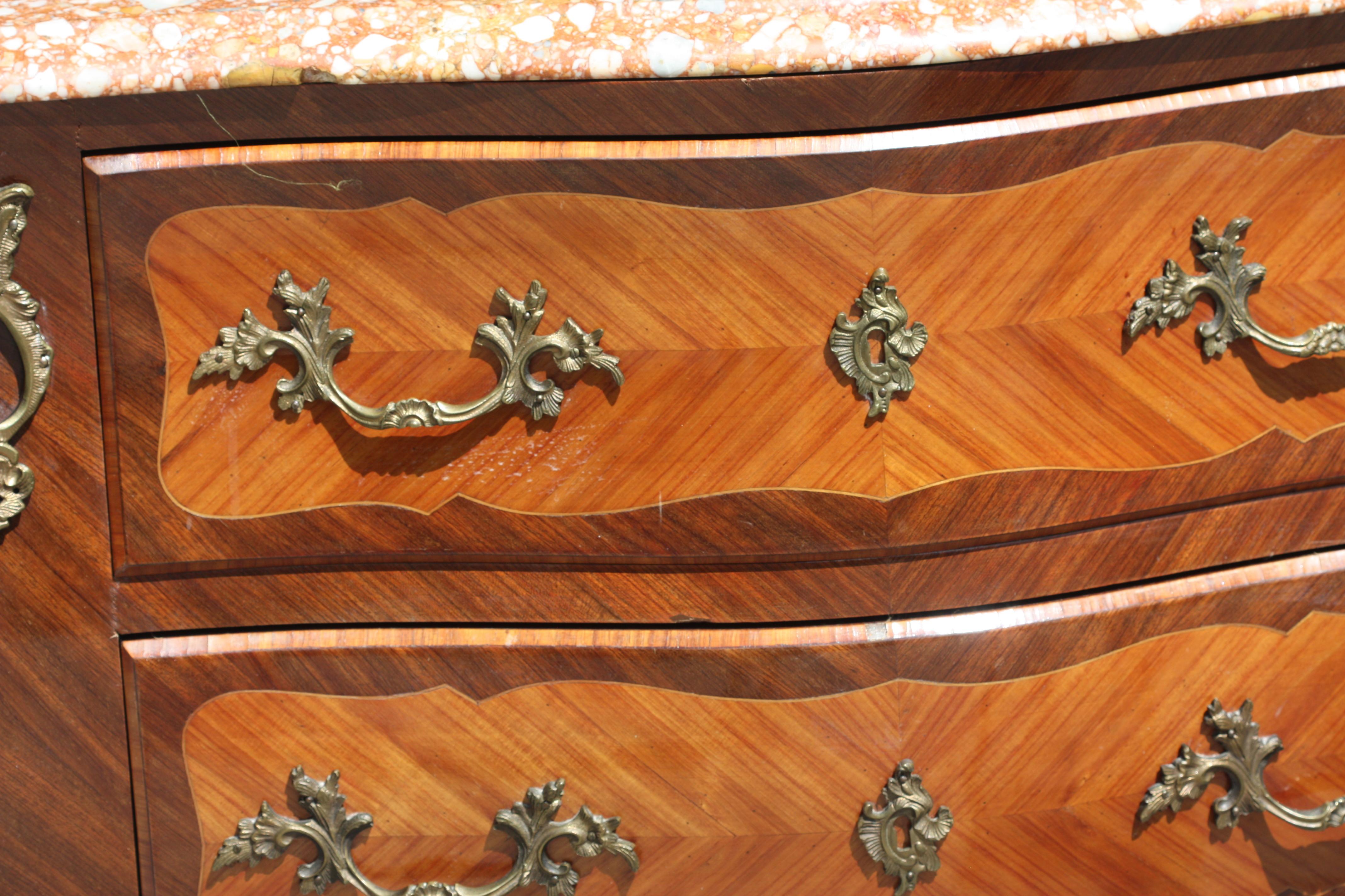 Wood Louis XV Style Gilt-Bronze Mtd. Marble Top Fruitwood Marquetry Commode For Sale