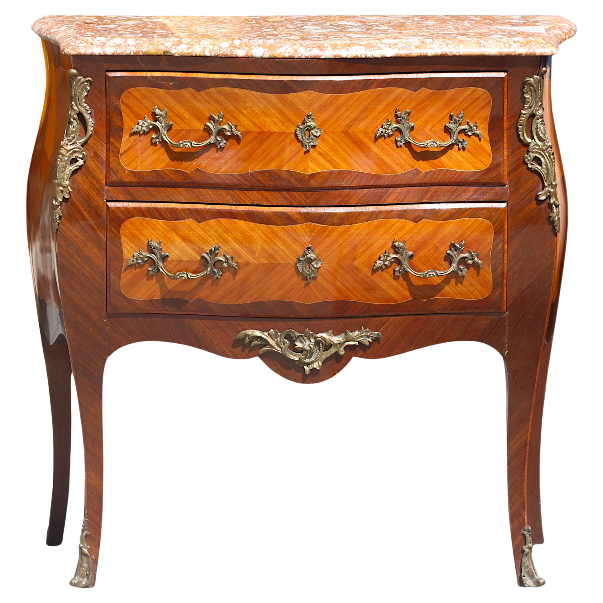 Louis XV Style Gilt-Bronze Mtd. Marble Top Fruitwood Marquetry Commode