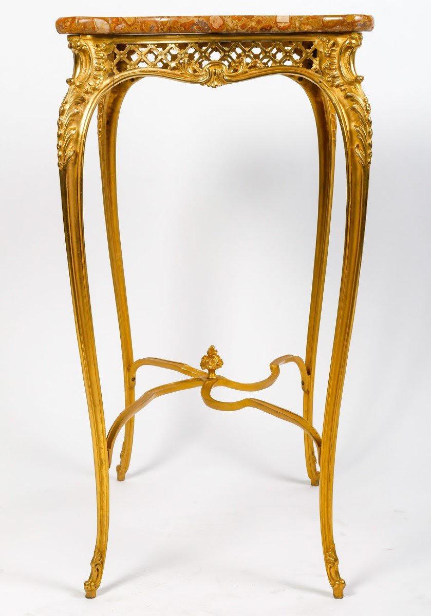 Vergoldeter Bronzetisch im Louis-XV-Stil, Marmorplatte, 19. Jahrhundert. (Louis XV.) im Angebot