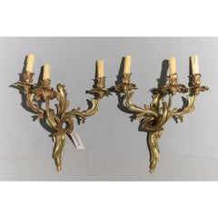 Louis XV Style Gilt Bronze Three-Light Wall Sconces, Pair, 20th Century