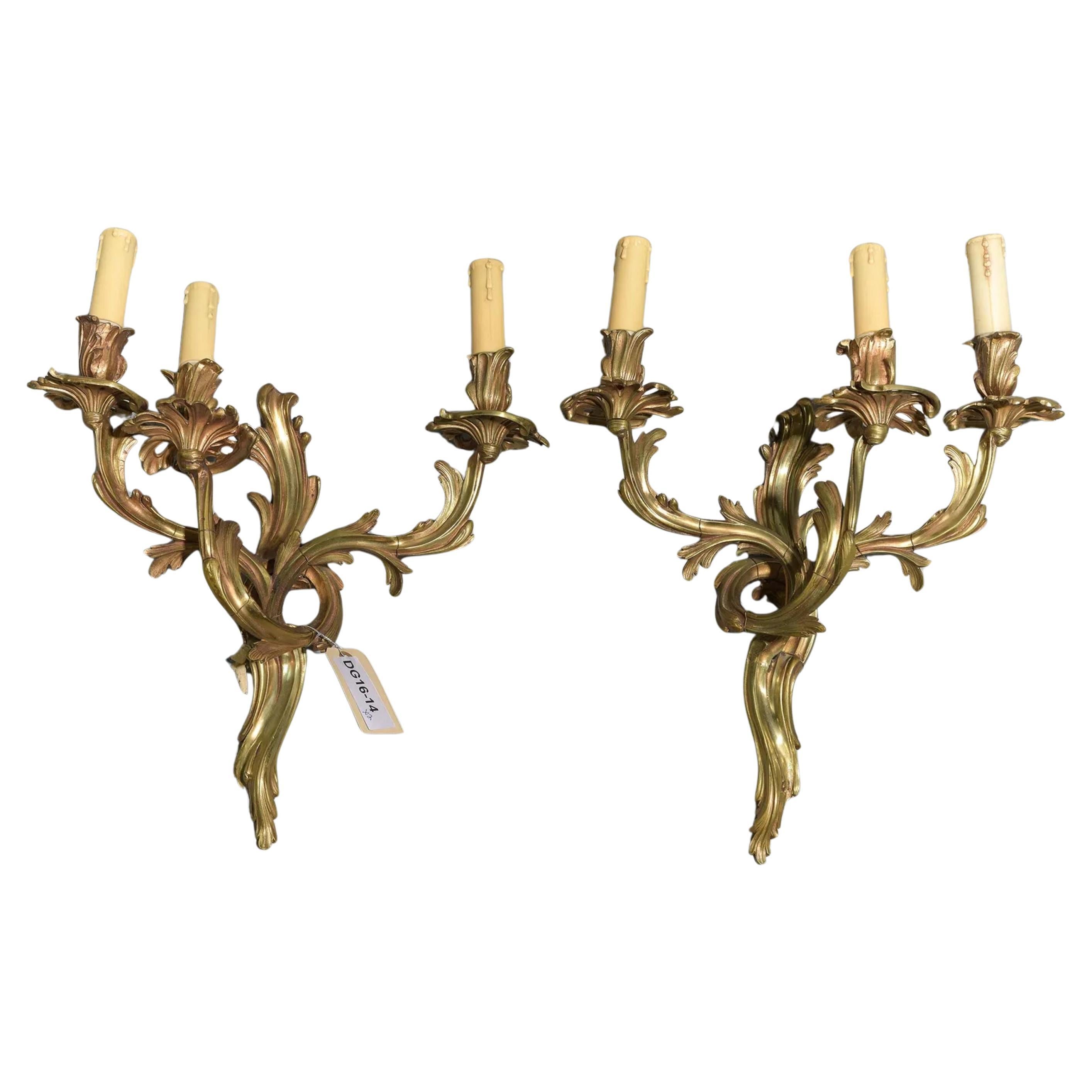 Louis XV Style Gilt Bronze Three-Light Wall Sconces, Pair, 20th Century