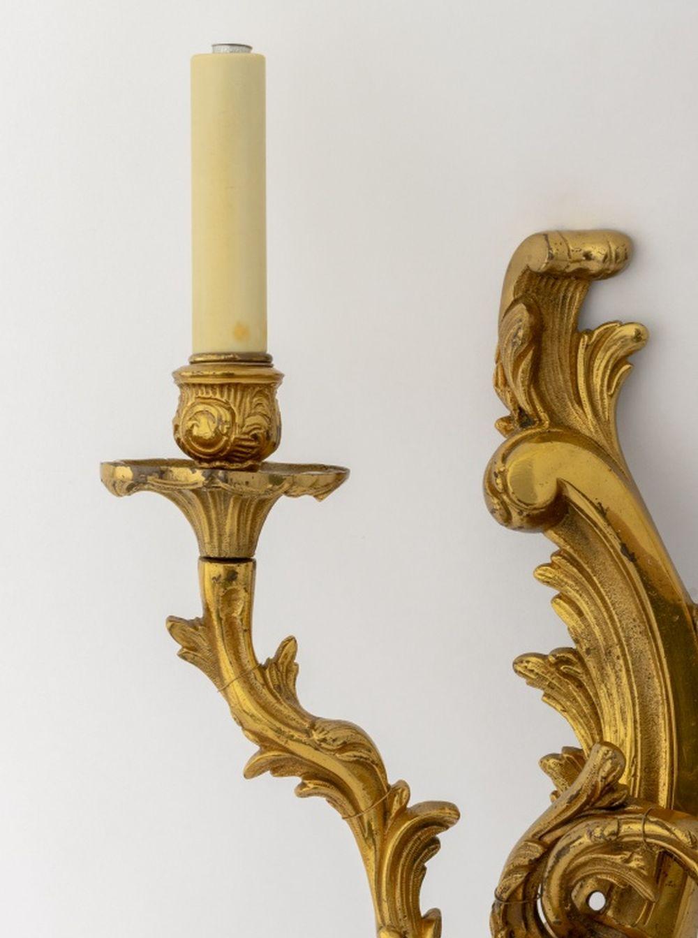 Louis XV Style Gilt Metal Two-Light Sconces, Pair In Good Condition For Sale In Astoria, NY