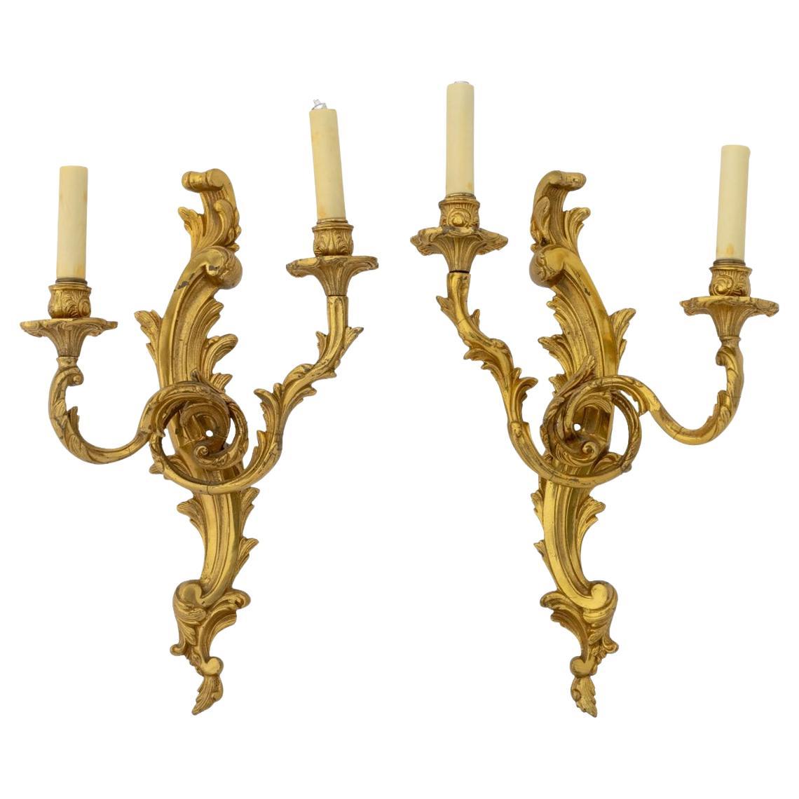 Louis XV Style Gilt Metal Two-Light Sconces, Pair For Sale