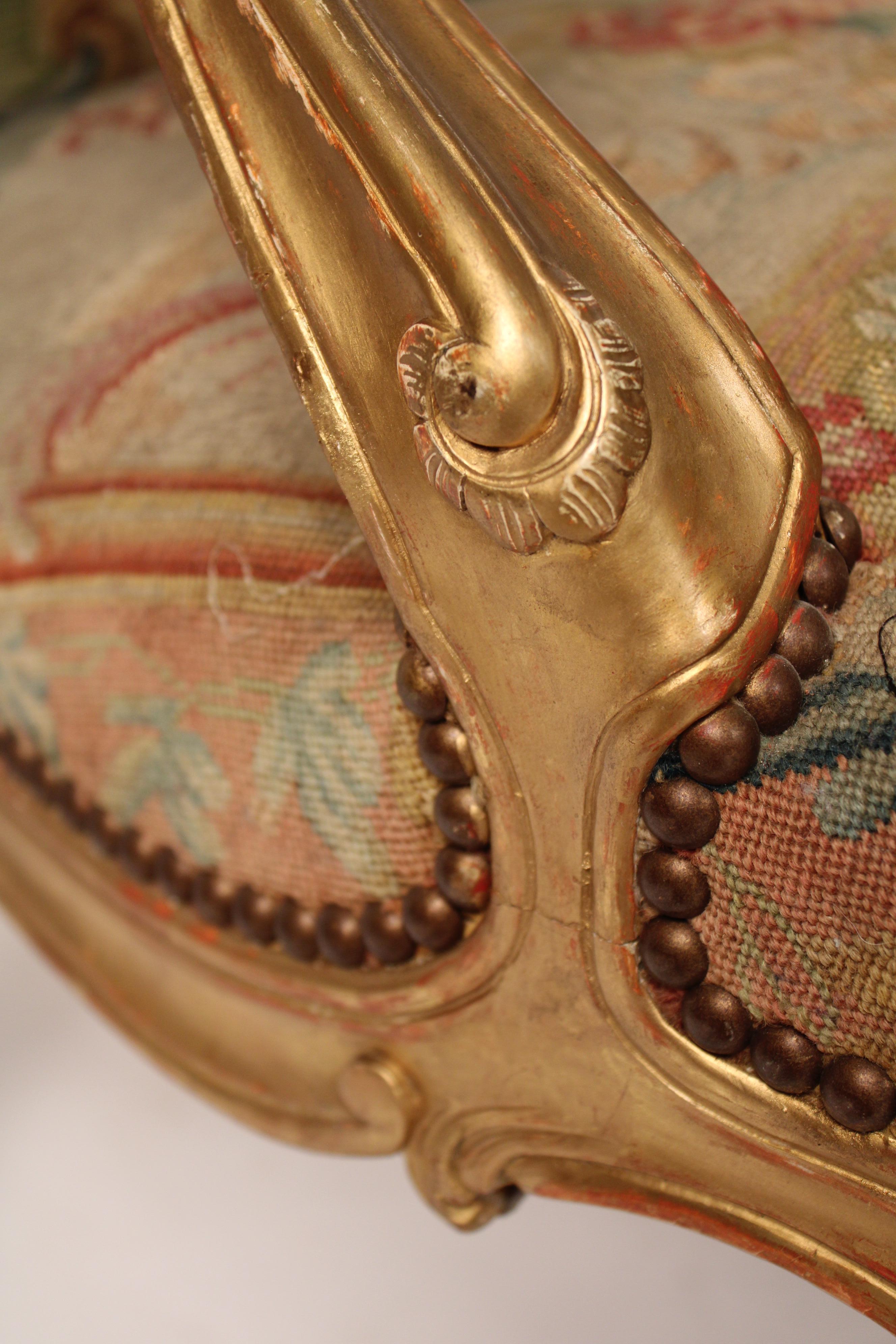 Louis XV Style Gilt Wood Armchair with Colorful Needlepoint Upholstery 4
