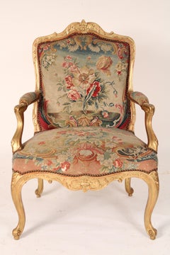 Louis XV Style Gilt Wood Armchair with Colorful Needlepoint Upholstery