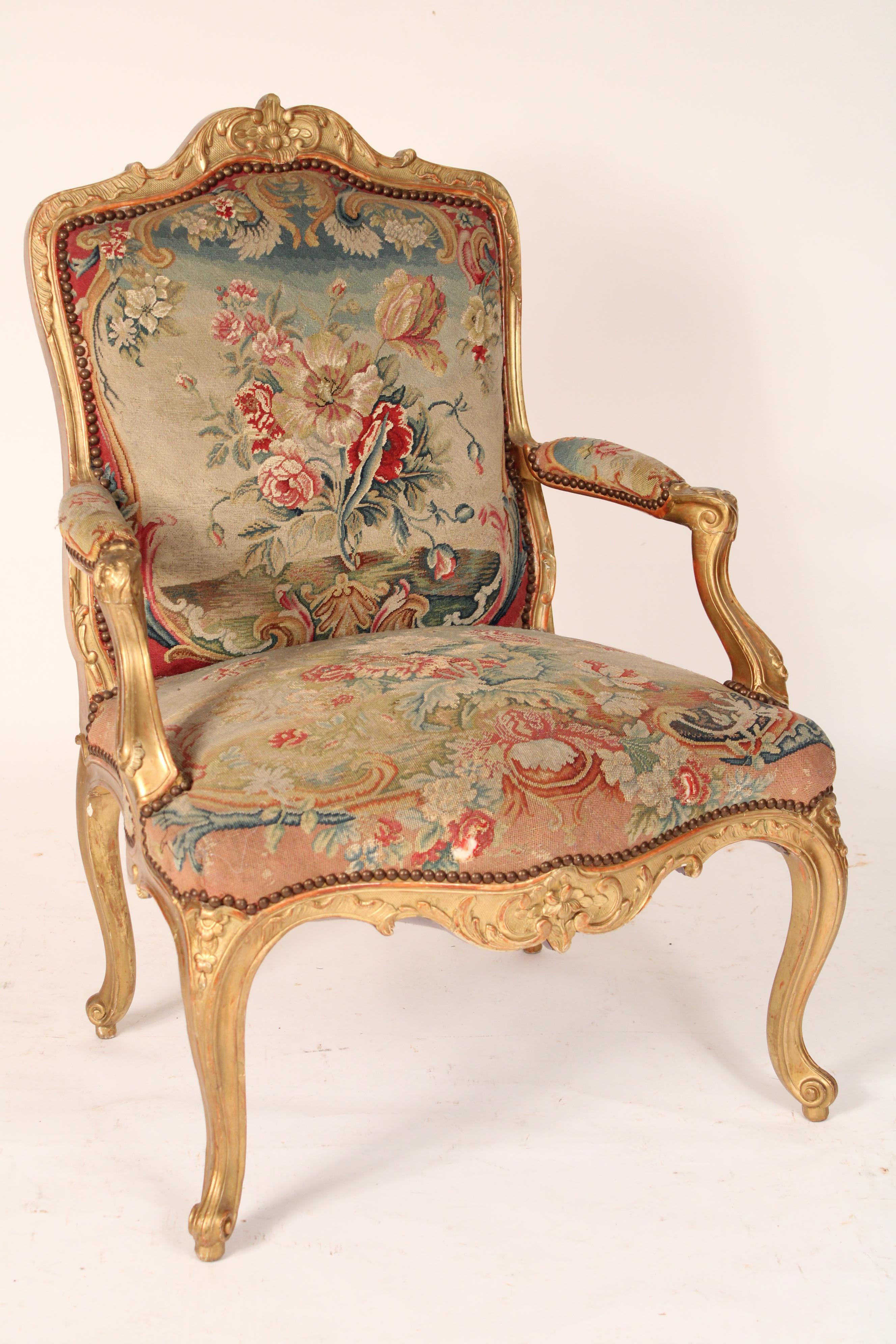 European Louis XV Style Gilt Wood Armchair with Colorful Needlepoint Upholstery