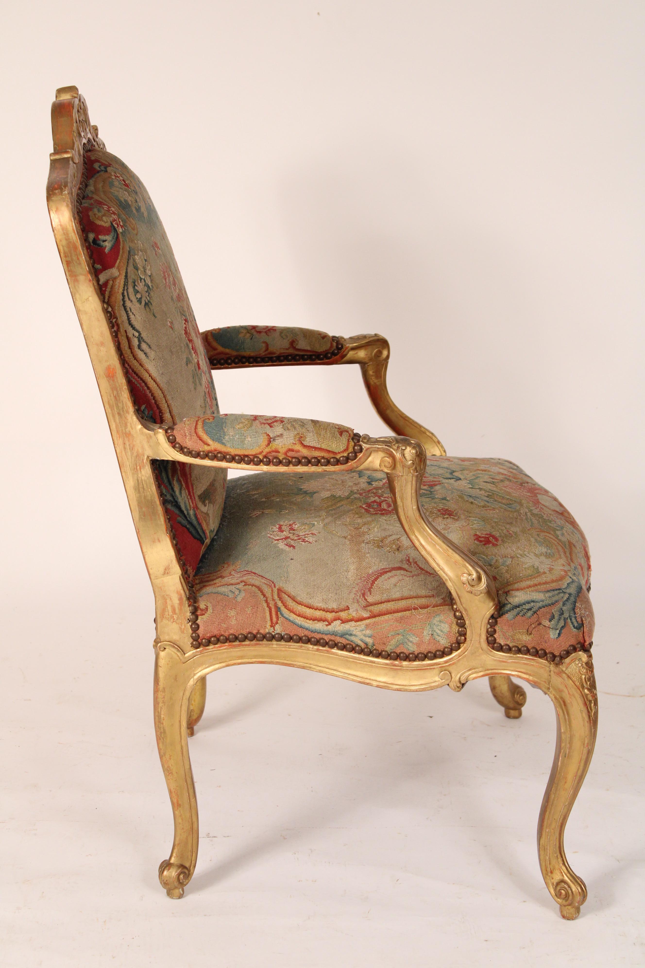 Louis XV Style Gilt Wood Armchair with Colorful Needlepoint Upholstery In Good Condition In Laguna Beach, CA
