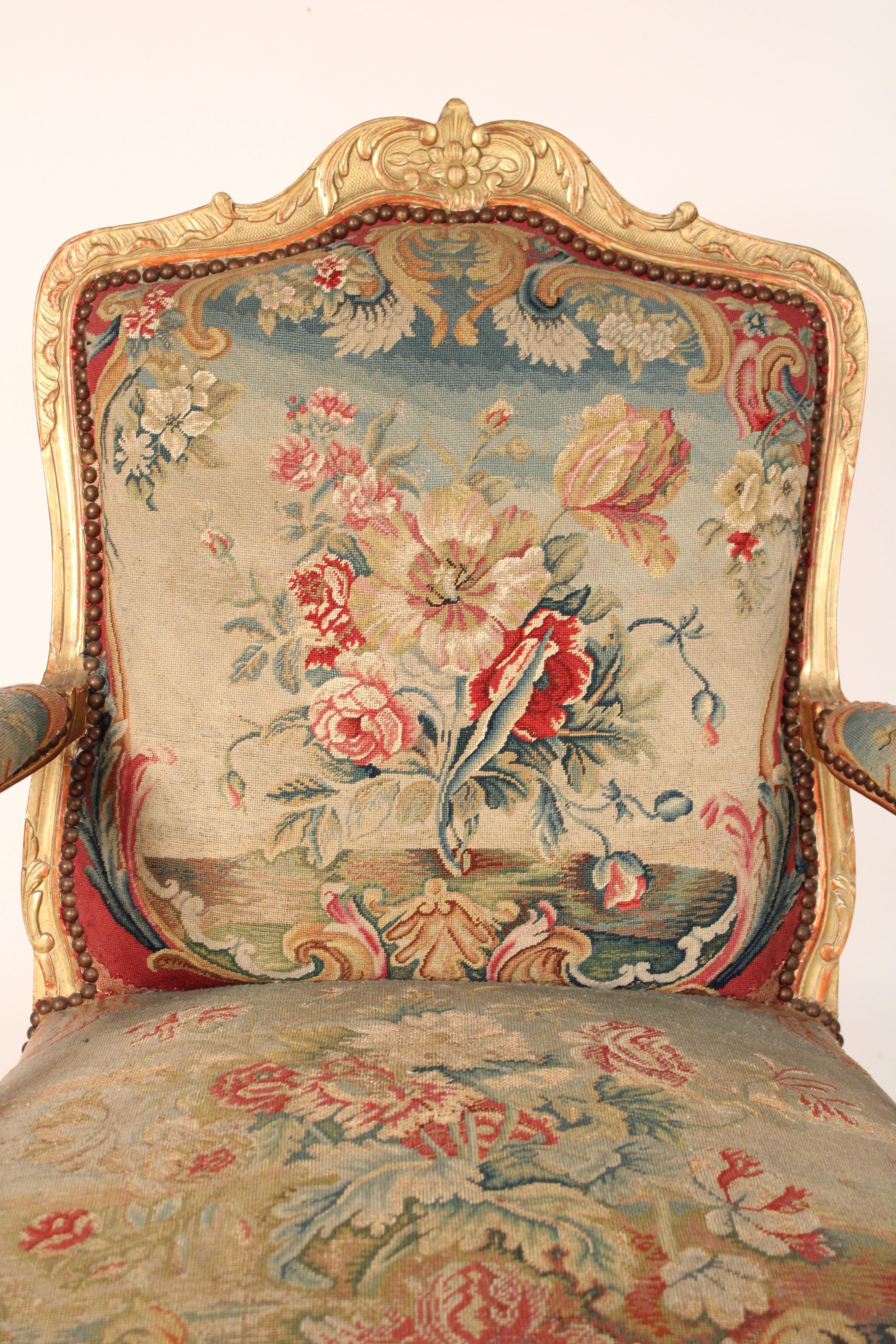 Gesso Louis XV Style Gilt Wood Armchair with Colorful Needlepoint Upholstery