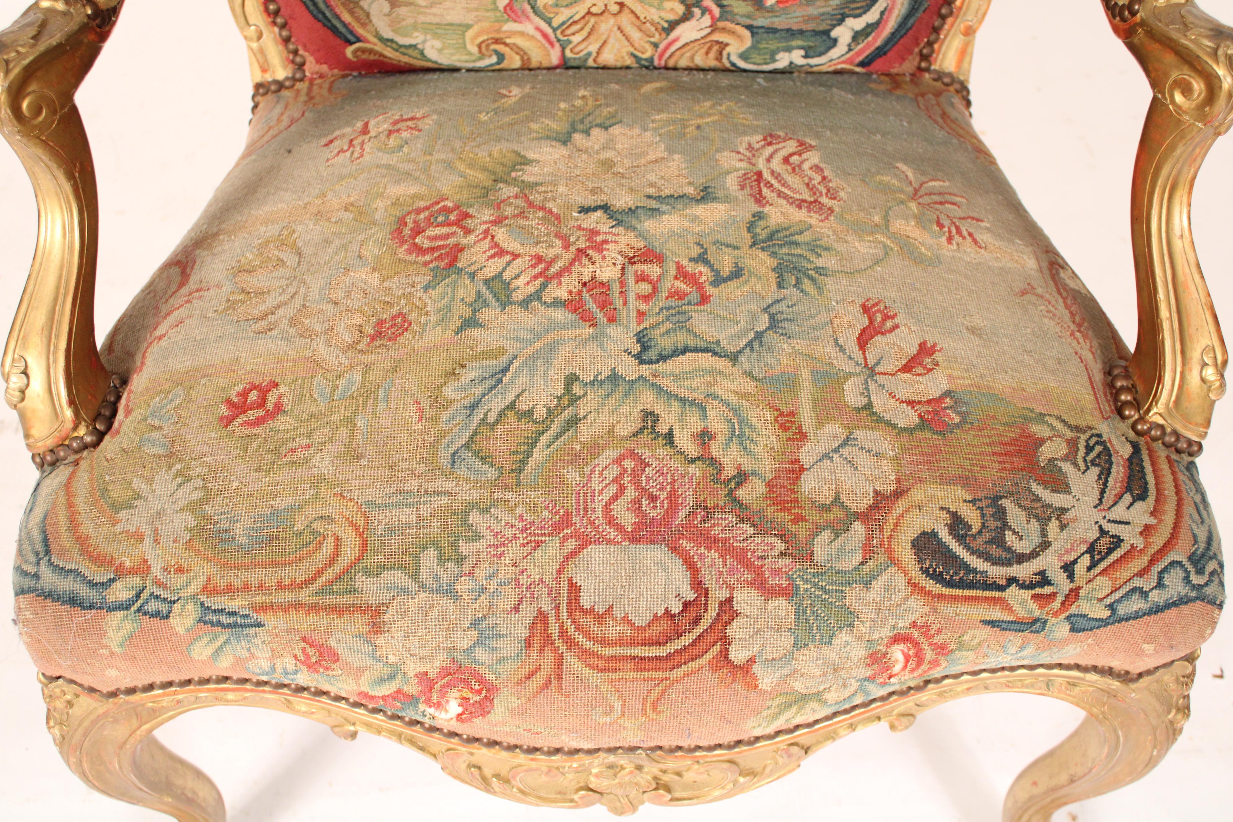 Louis XV Style Gilt Wood Armchair with Colorful Needlepoint Upholstery 1