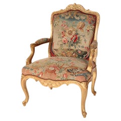 Louis XV Style Gilt Wood Armchair with Colorful Needlepoint Upholstery