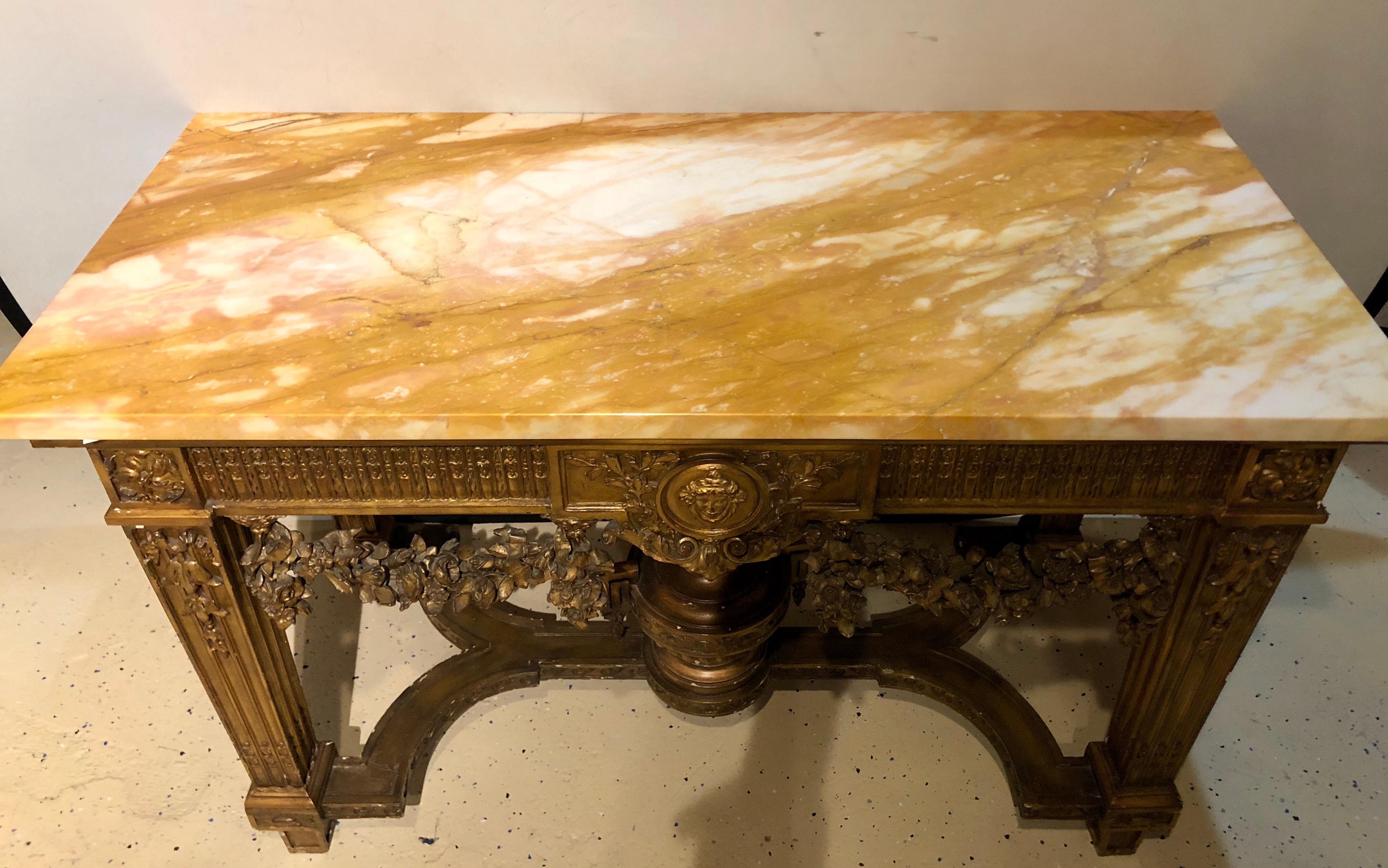 Louis XV Style Giltwood Marble-Top Console, Hall or Center Table In Good Condition In Stamford, CT