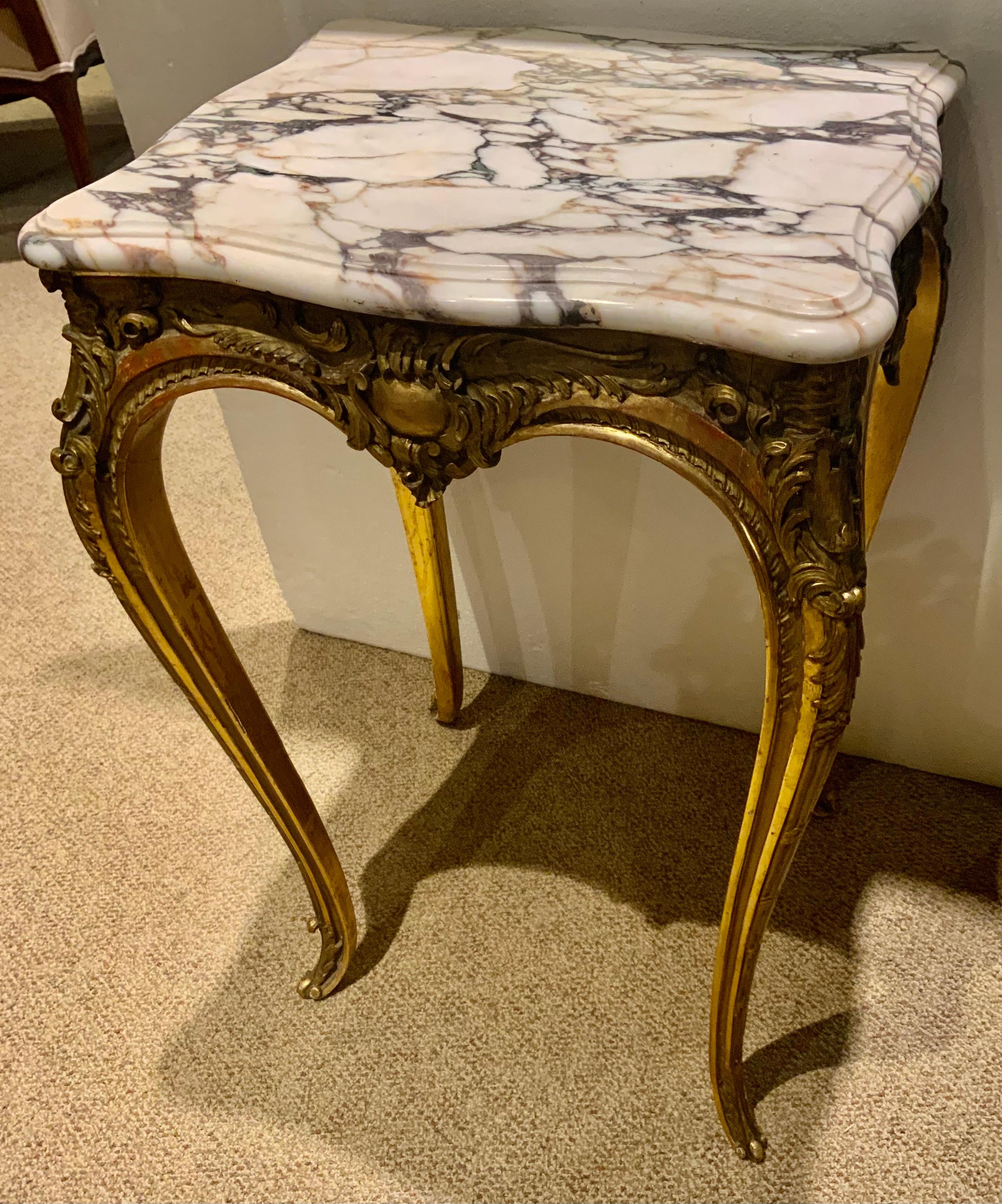19th Century Louis XV-Style Gilt Wood Occasional Table with White/Cream Hue Marble Top For Sale