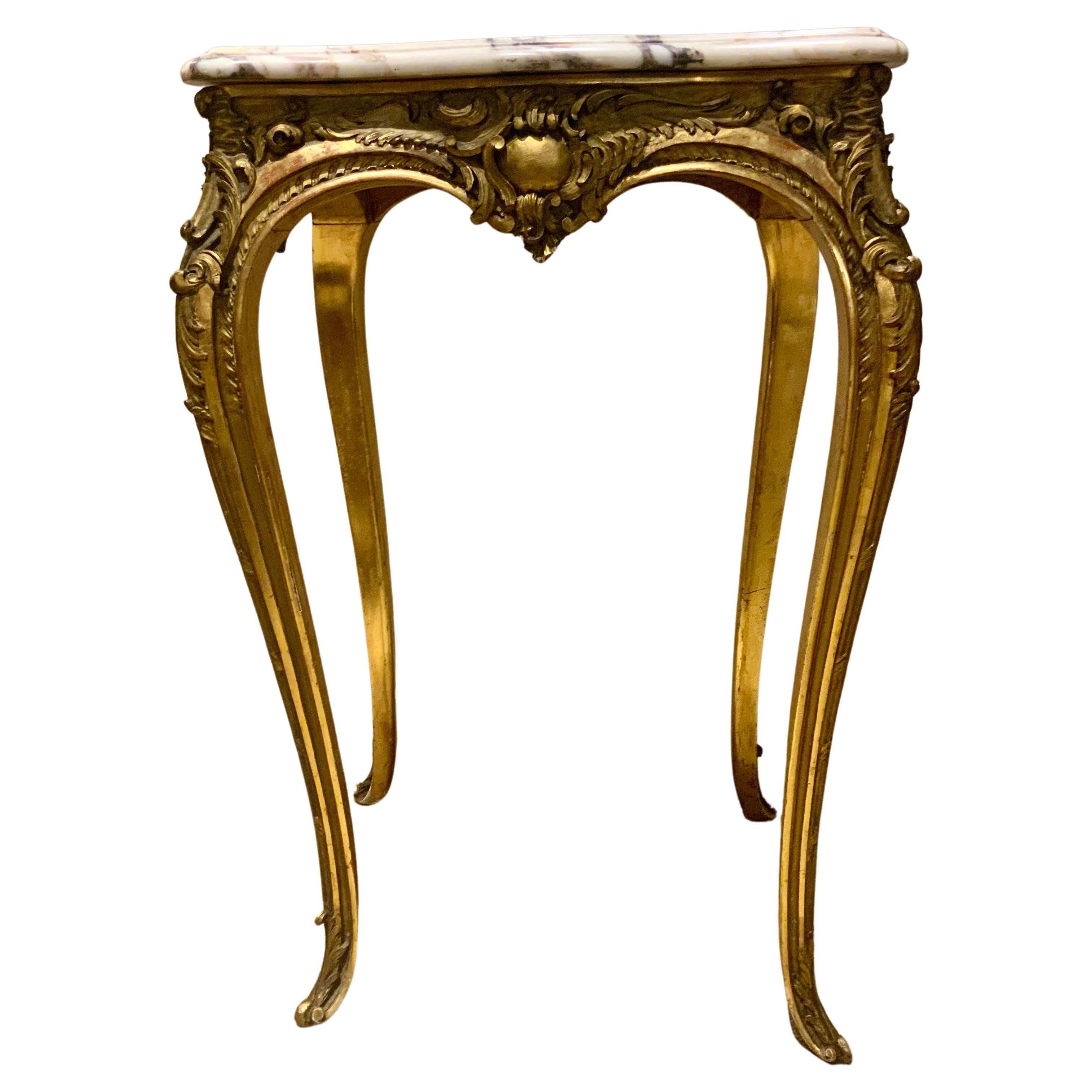 Louis XV-Style Gilt Wood Occasional Table with White/Cream Hue Marble Top For Sale