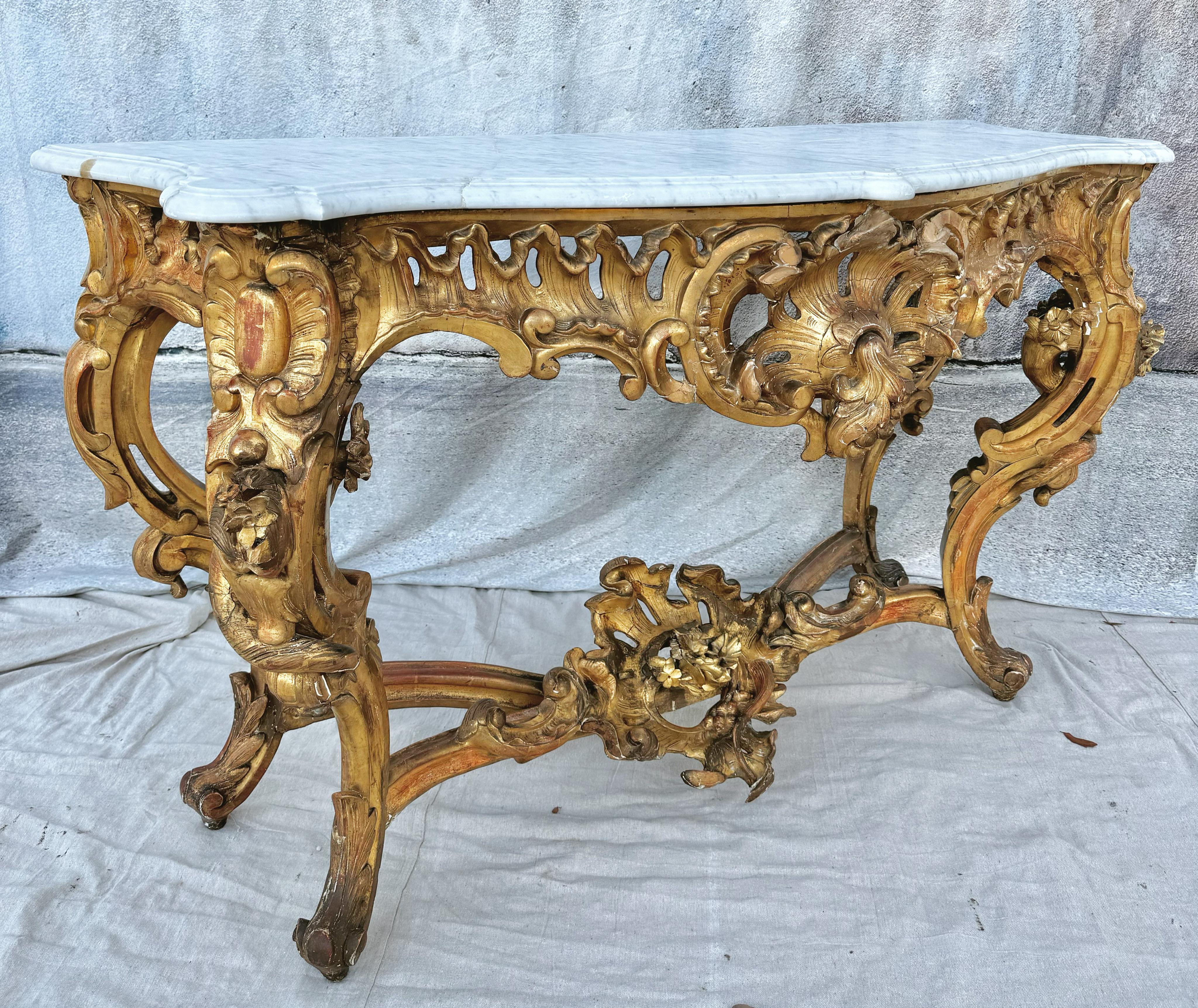 Wood Louis XV Style Giltwood and Marble Console Table For Sale