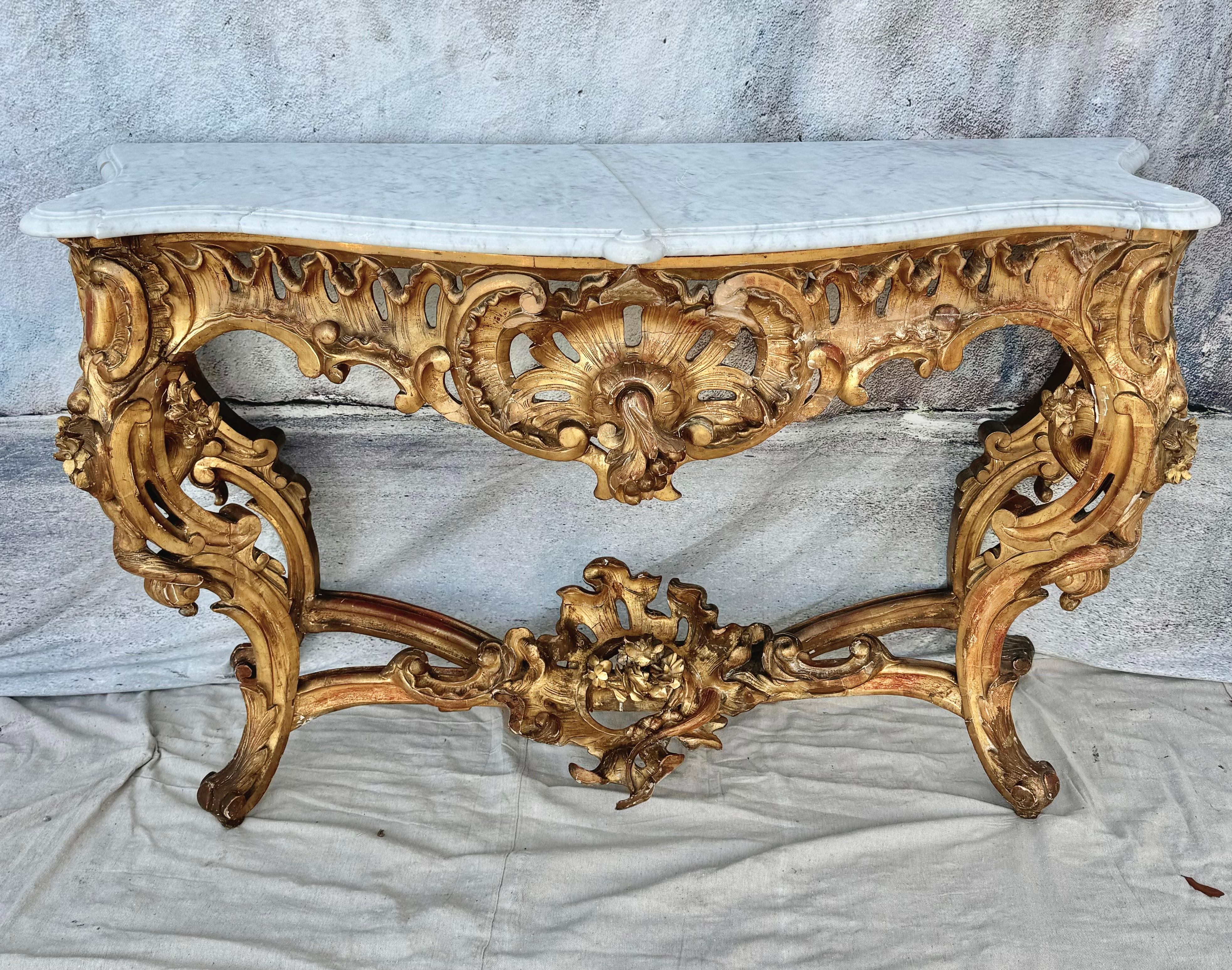 Louis XV Style Giltwood and Marble Console Table For Sale 2