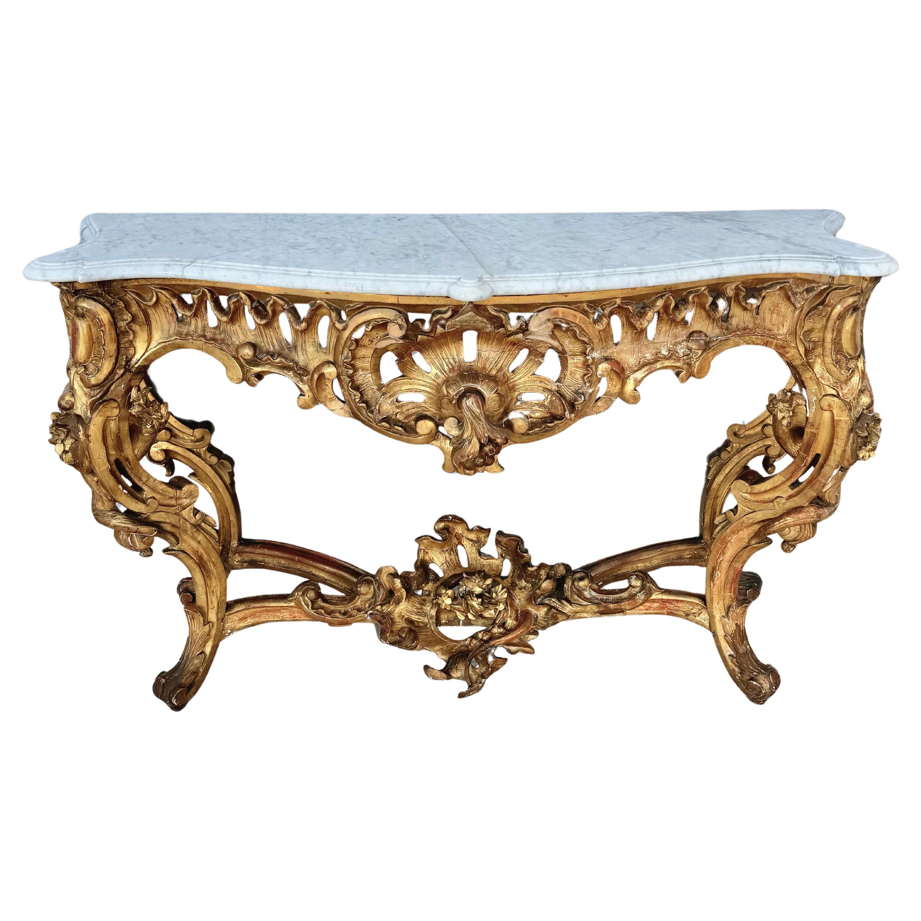 Console de style Louis XV en bois doré et marbre