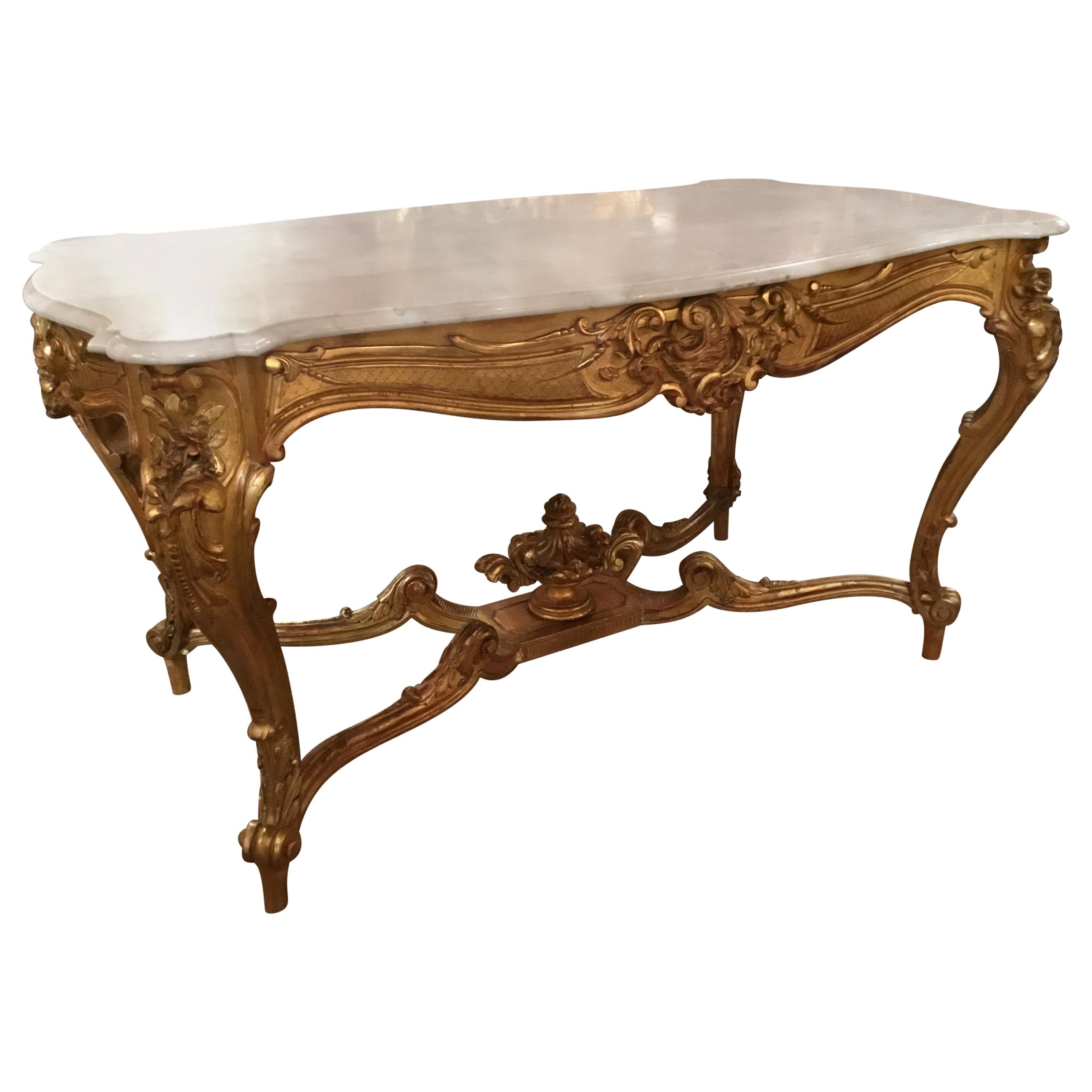 Louis XV Style Giltwood and white Marble-Top Center Table with Foliate Garlands For Sale