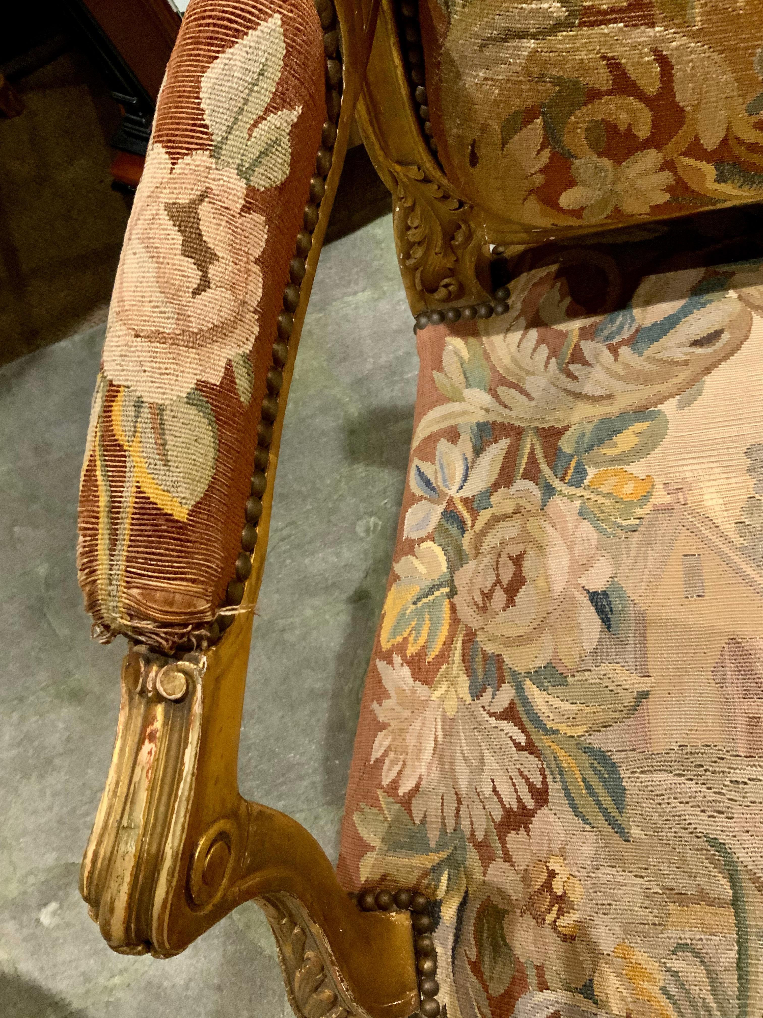 gepolsterte Salon-Suite aus vergoldetem Holz und Wandteppich im Louis-XV-Stil, 19. Jahrhundert im Angebot 12