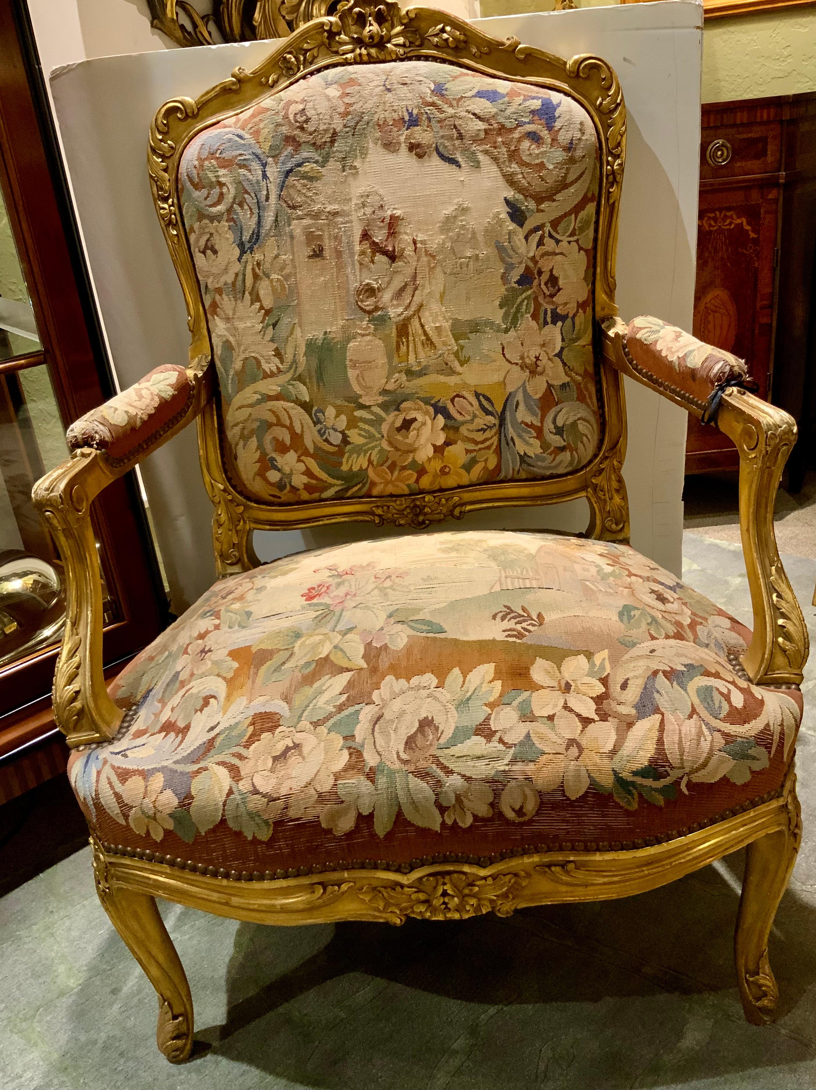 gepolsterte Salon-Suite aus vergoldetem Holz und Wandteppich im Louis-XV-Stil, 19. Jahrhundert im Angebot 14