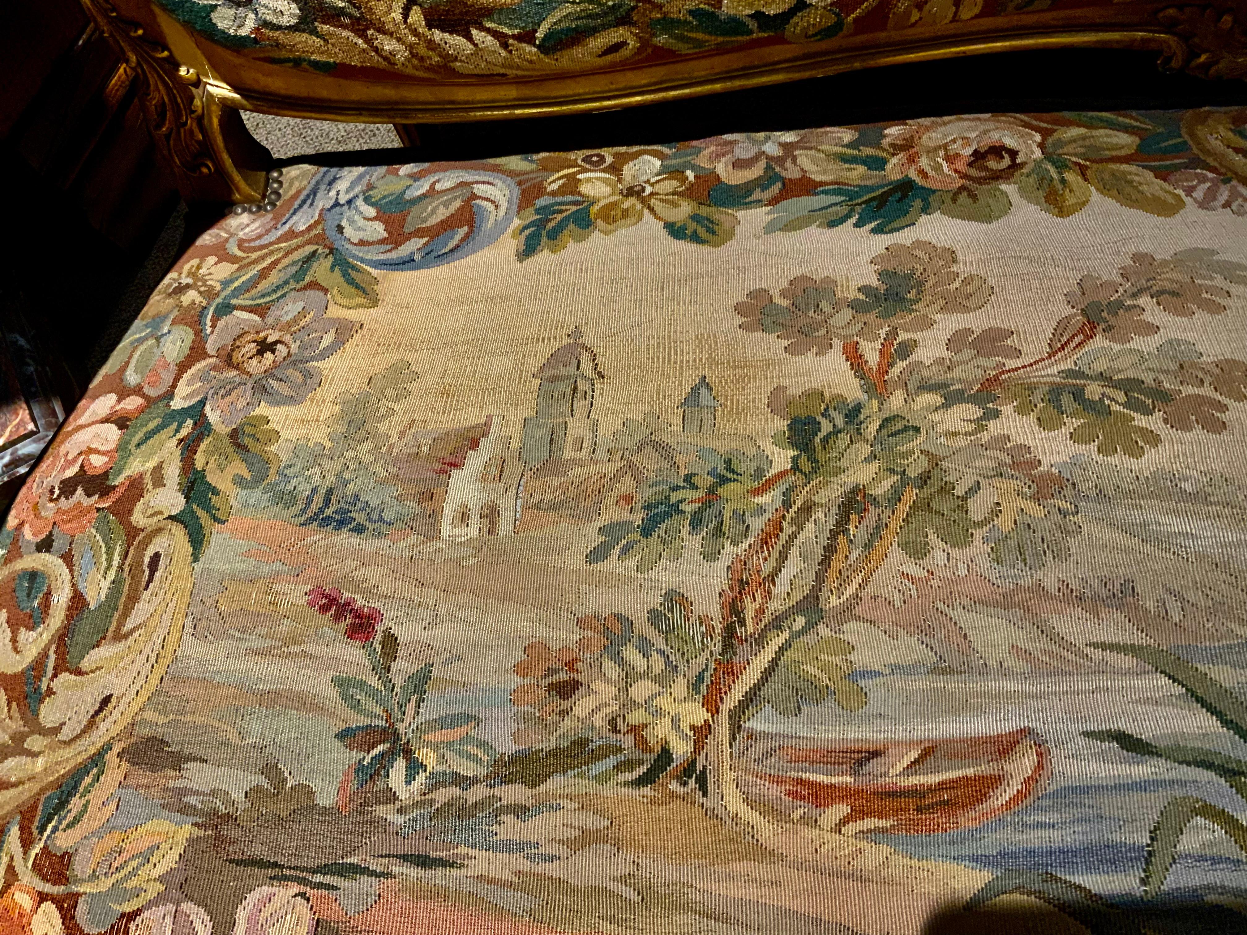 gepolsterte Salon-Suite aus vergoldetem Holz und Wandteppich im Louis-XV-Stil, 19. Jahrhundert (Louis XV.) im Angebot