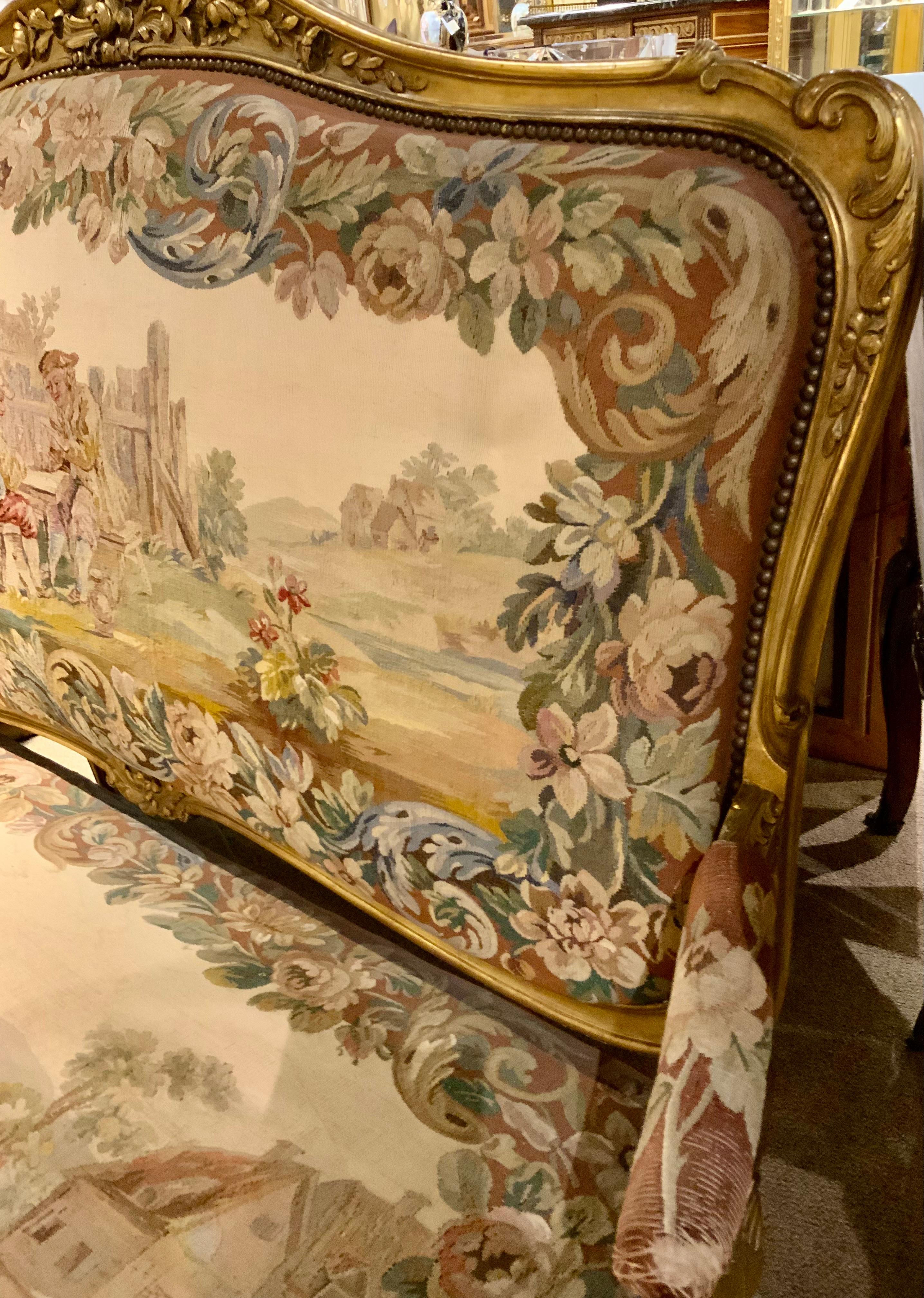 gepolsterte Salon-Suite aus vergoldetem Holz und Wandteppich im Louis-XV-Stil, 19. Jahrhundert im Angebot 2