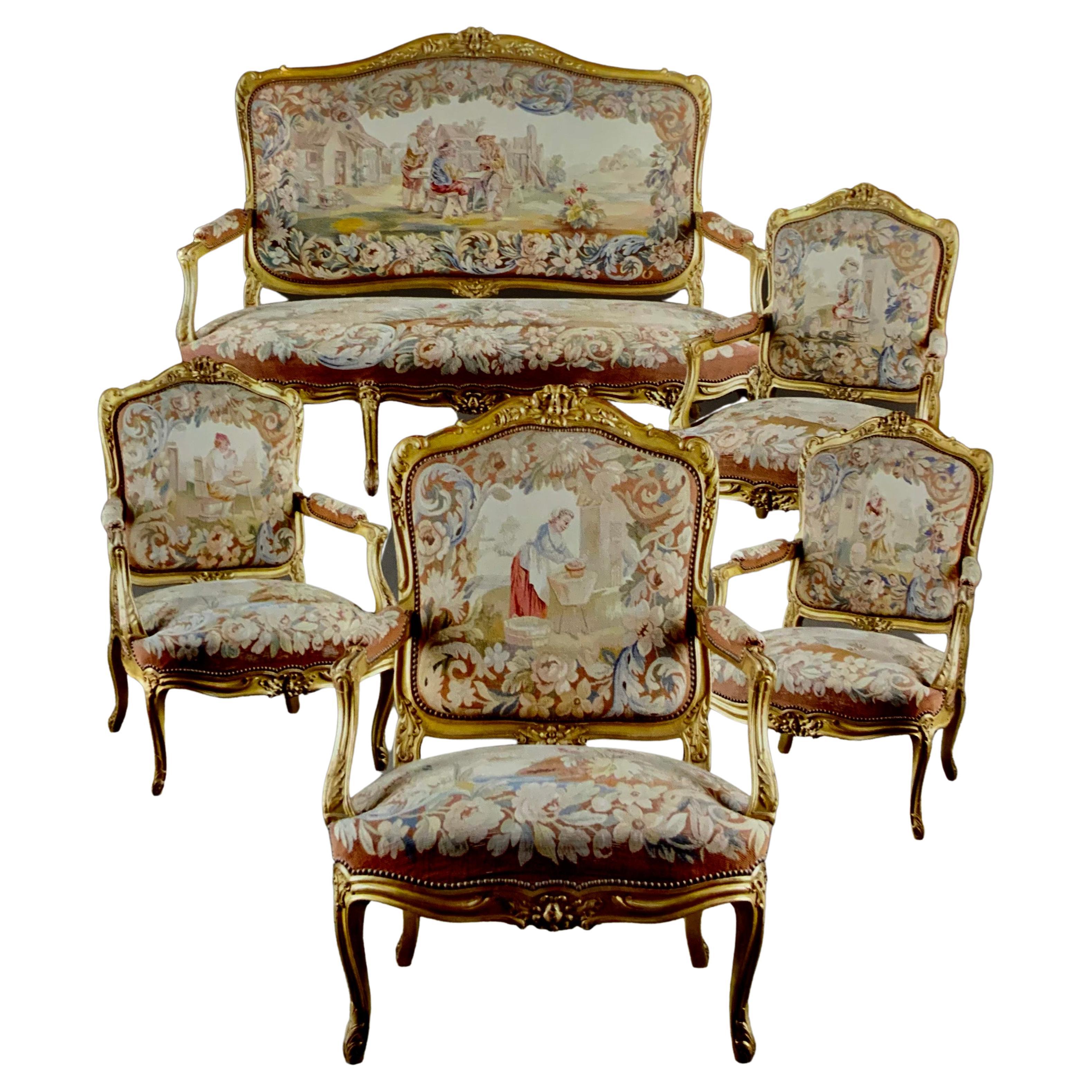 Louis XV Style Giltwood and Tapestry upholstered salon suite, 19 th century For Sale