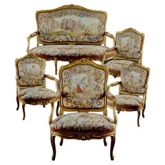 Antique Louis XV Style Giltwood and Tapestry upholstered salon suite, 19 th century