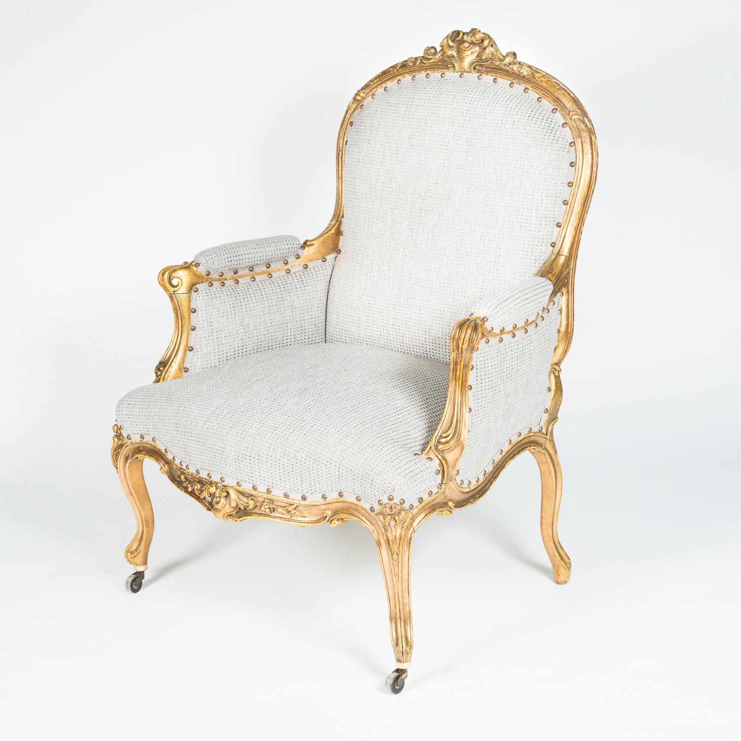 French Louis XV Style Giltwood Bergere Armchairs For Sale