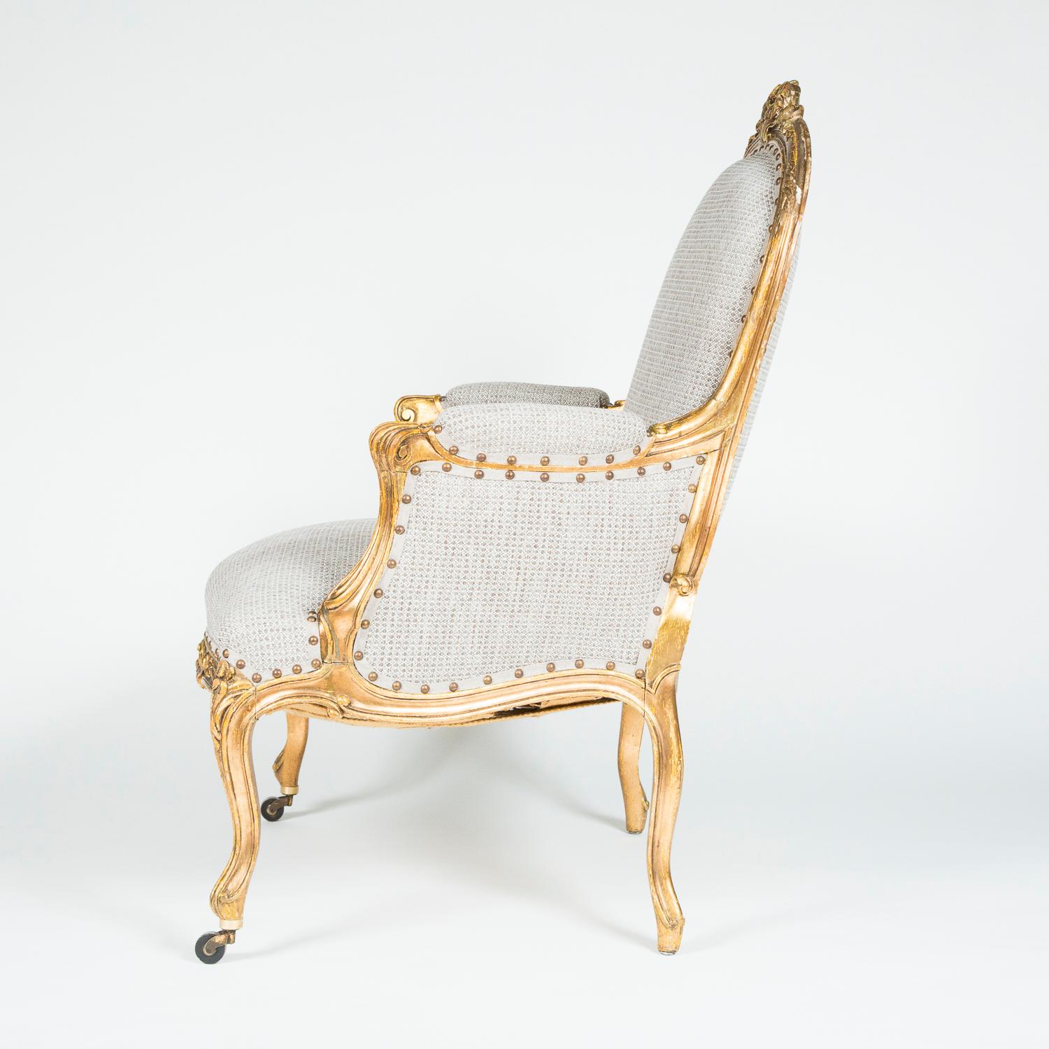 19th Century Louis XV Style Giltwood Bergere Armchairs For Sale