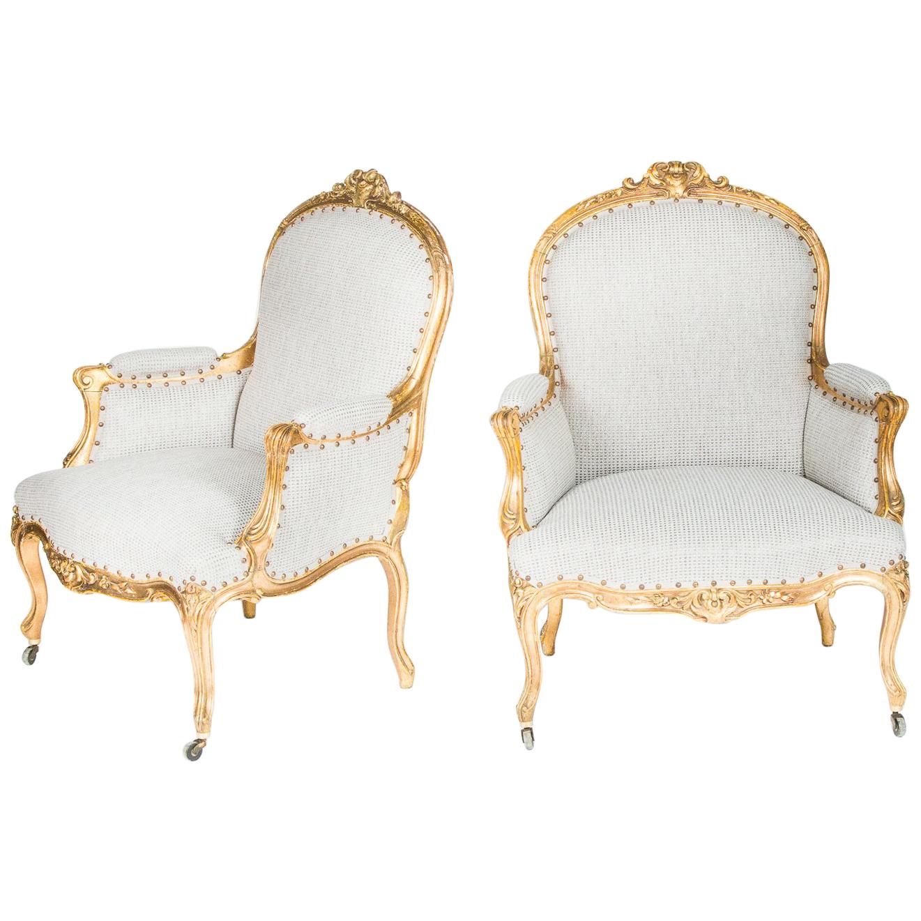 Louis XV Style Giltwood Bergere Armchairs