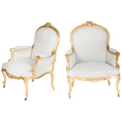 Vintage Louis XV Style Giltwood Bergere Armchairs