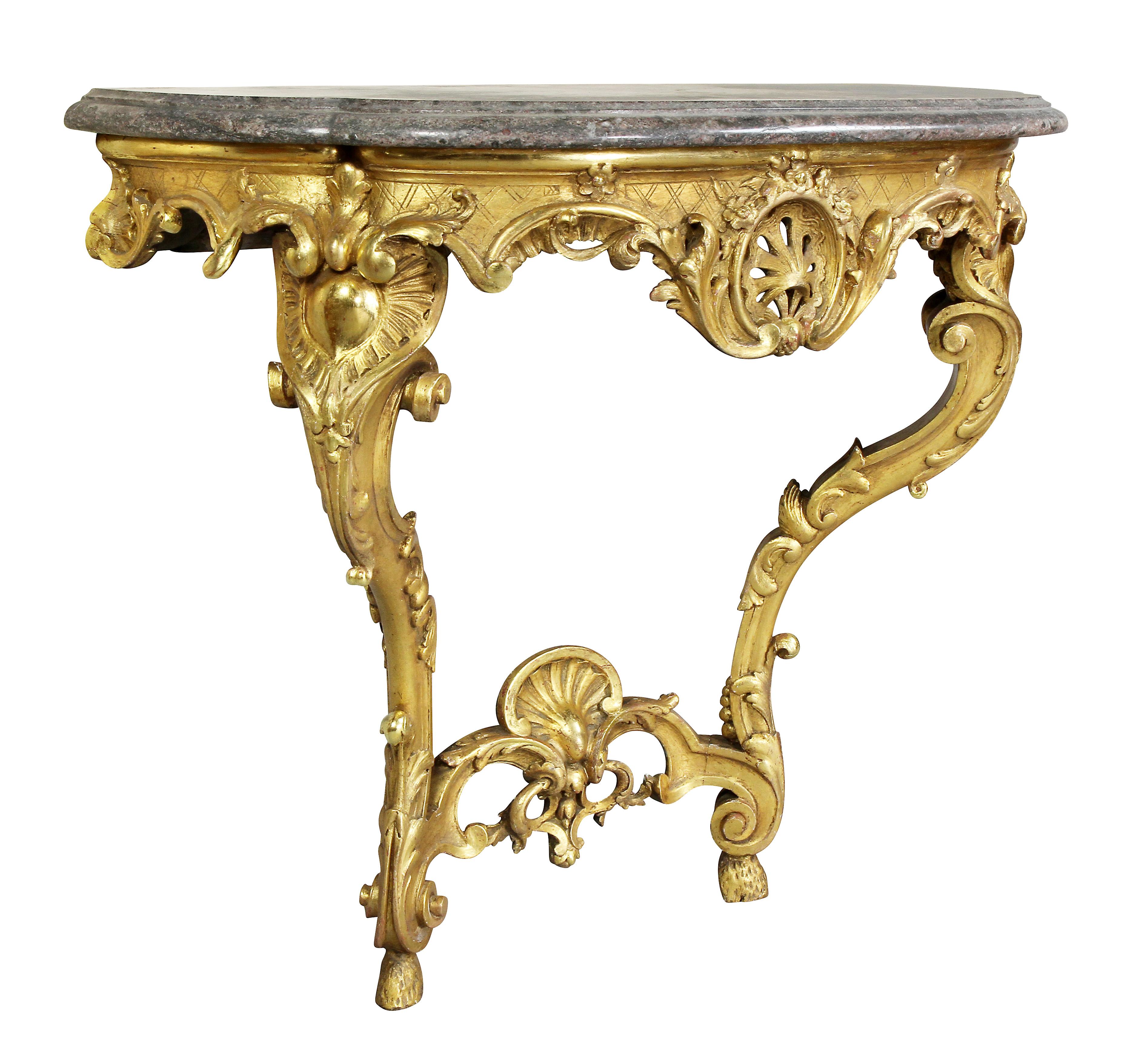 With shaped bowed marble top over a conforming carved base with central carved and pierced design surrounded by trailing leaves and flowers, cabriole legs with lower stretcher.