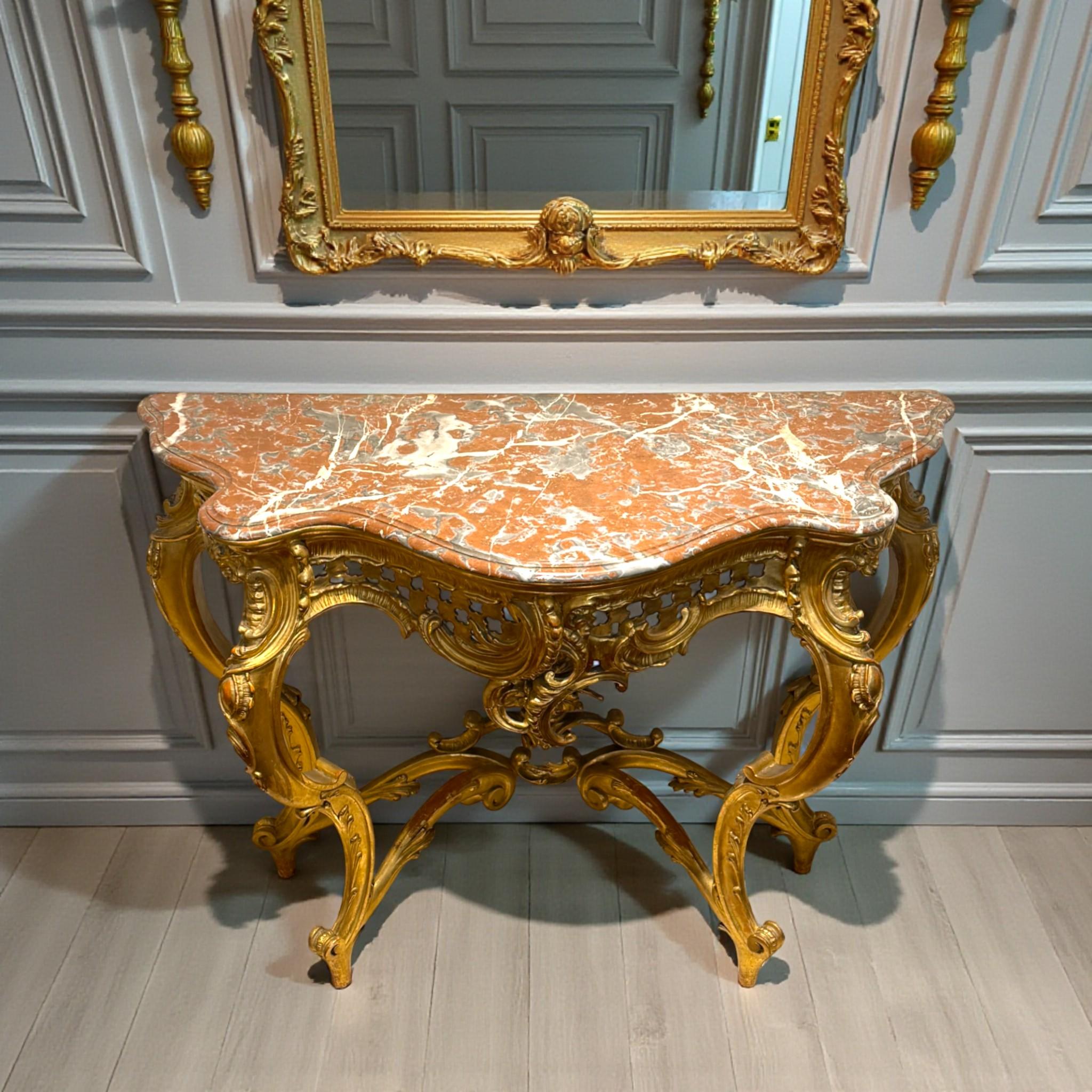 French Louis XV Style Giltwood Console with Marble top, 19th Century For Sale