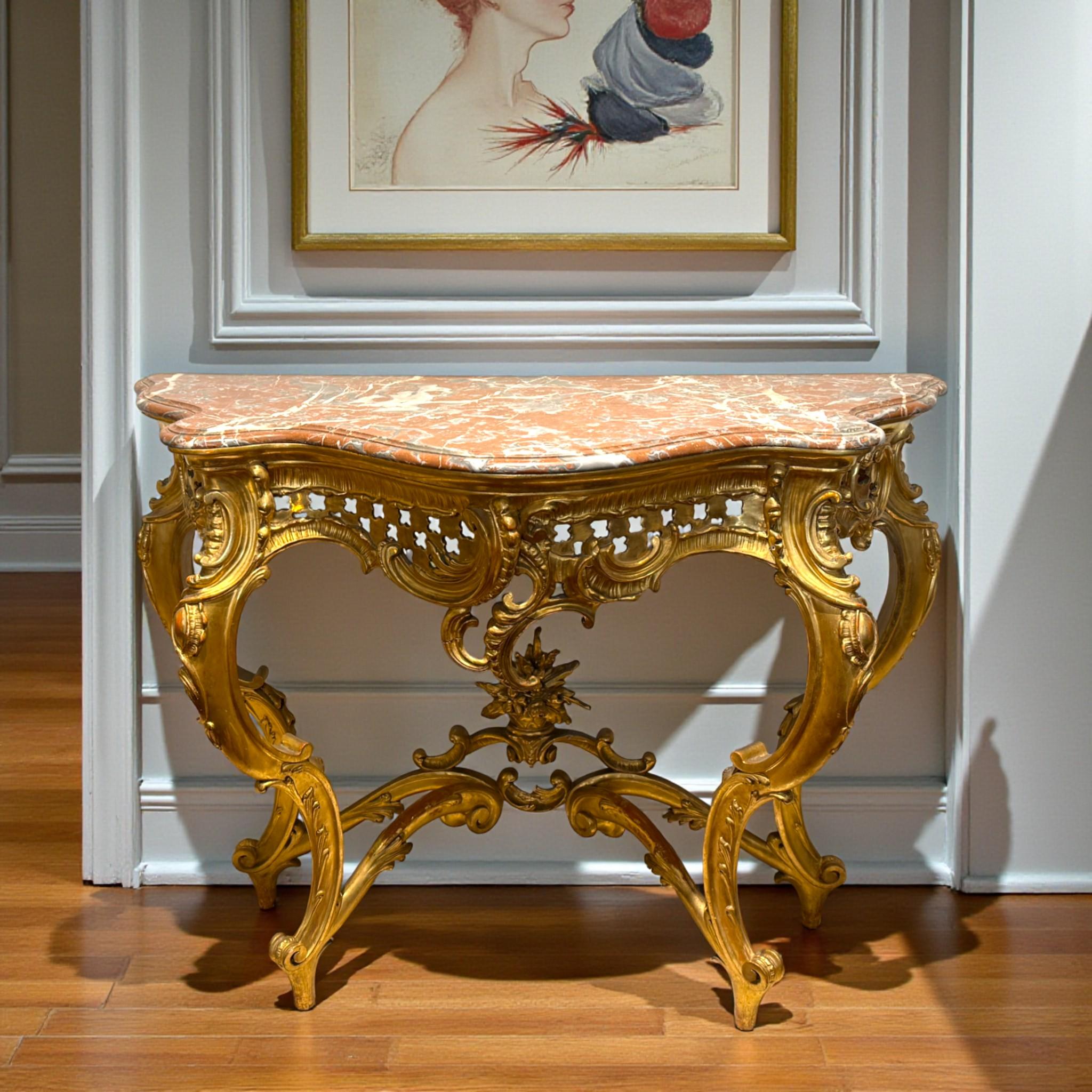 Louis XV Style Giltwood Console with Marble top, 19th Century In Good Condition For Sale In NICE, FR