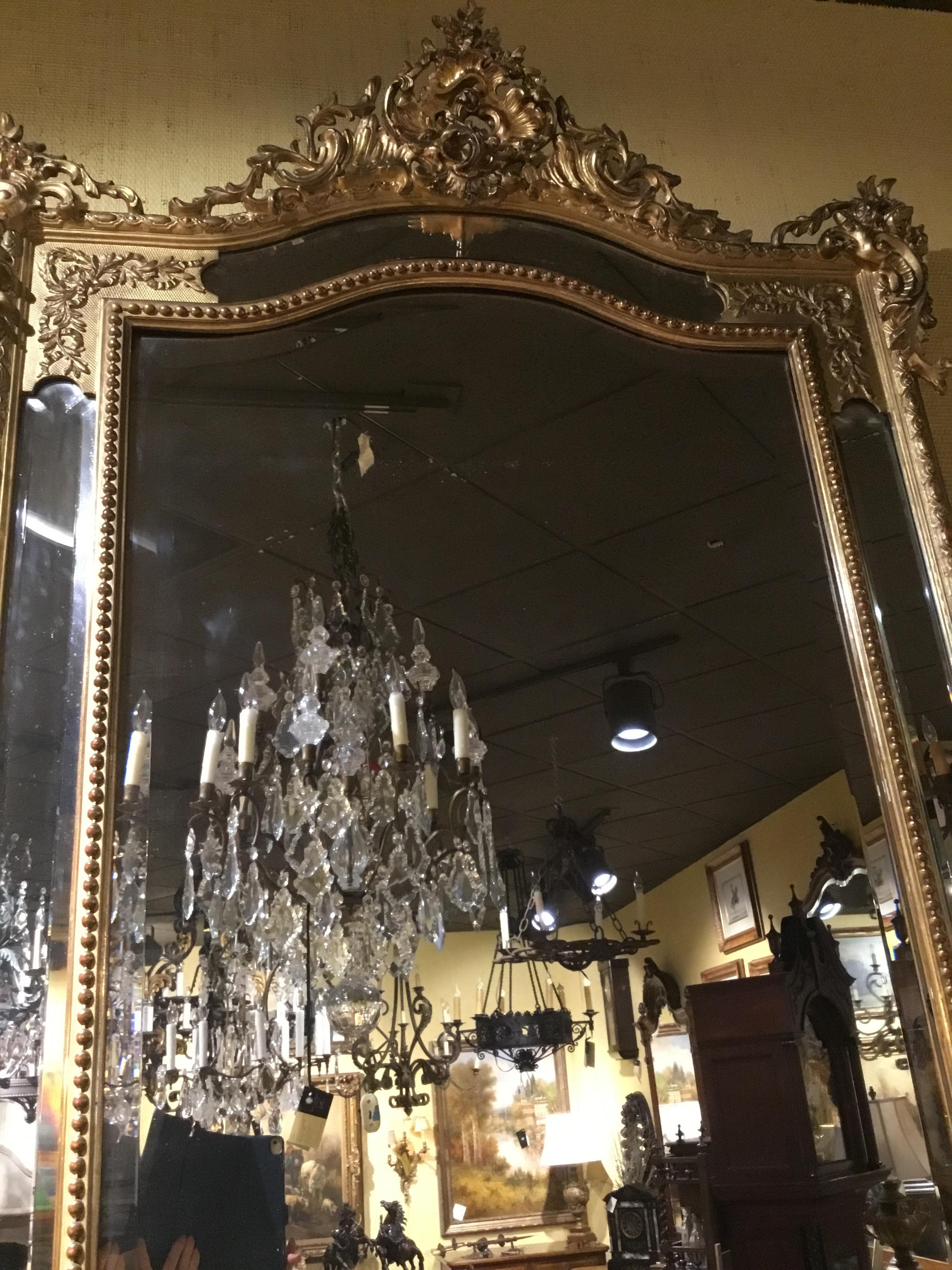 French Louis XV Style Giltwood Cushion Mirror, 19th Century with Double Beveled Mirrors For Sale