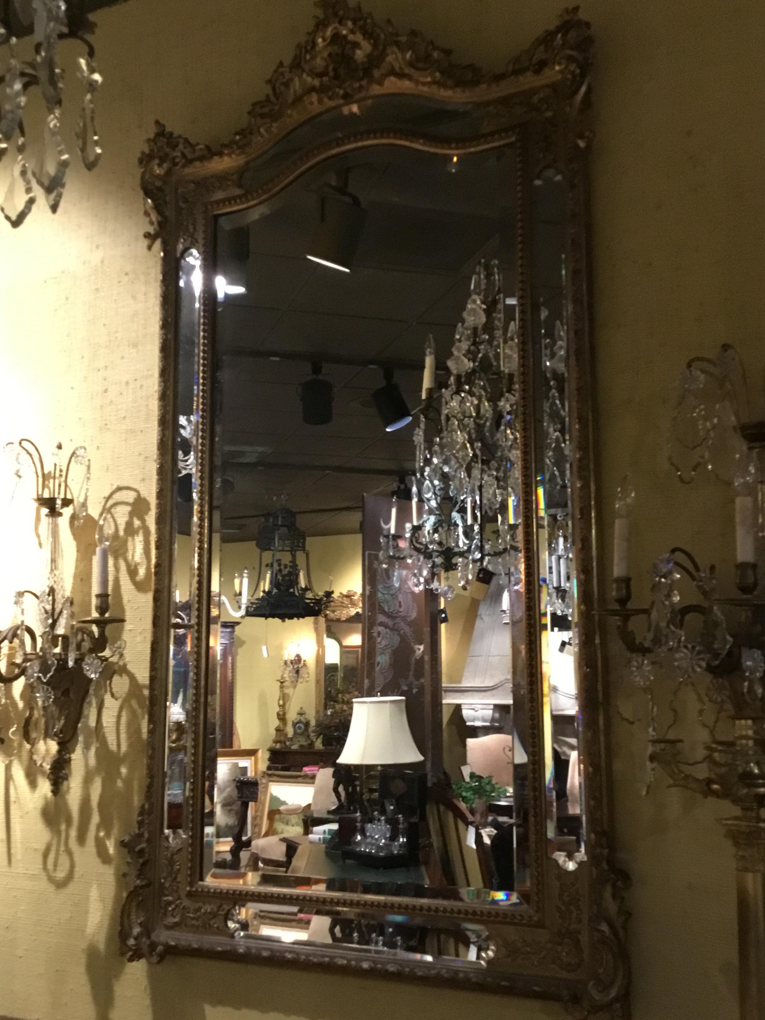 Louis XV Style Giltwood Cushion Mirror, 19th Century with Double Beveled Mirrors In Good Condition For Sale In Houston, TX