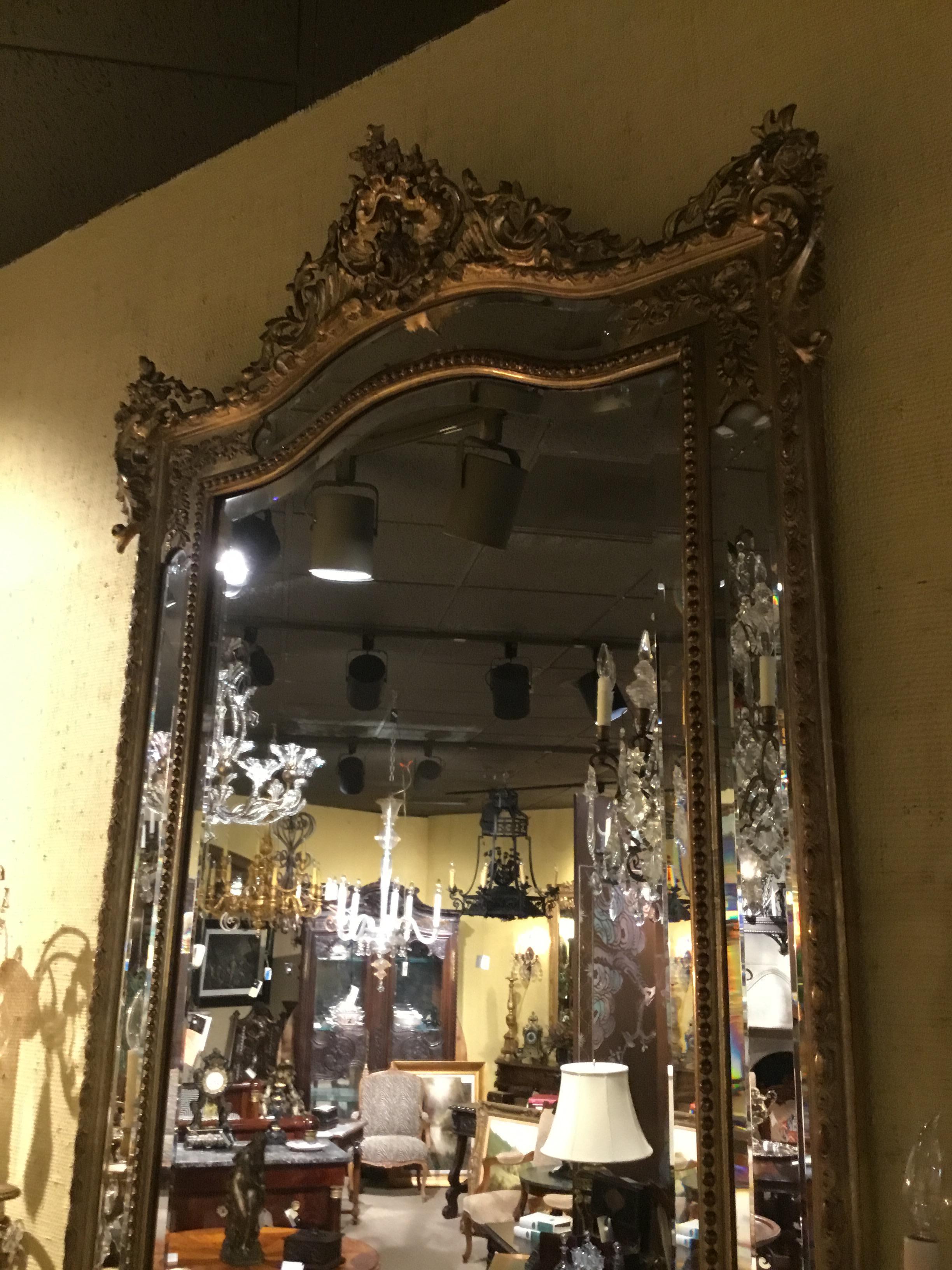 Louis XV Style Giltwood Cushion Mirror, 19th Century with Double Beveled Mirrors For Sale 1