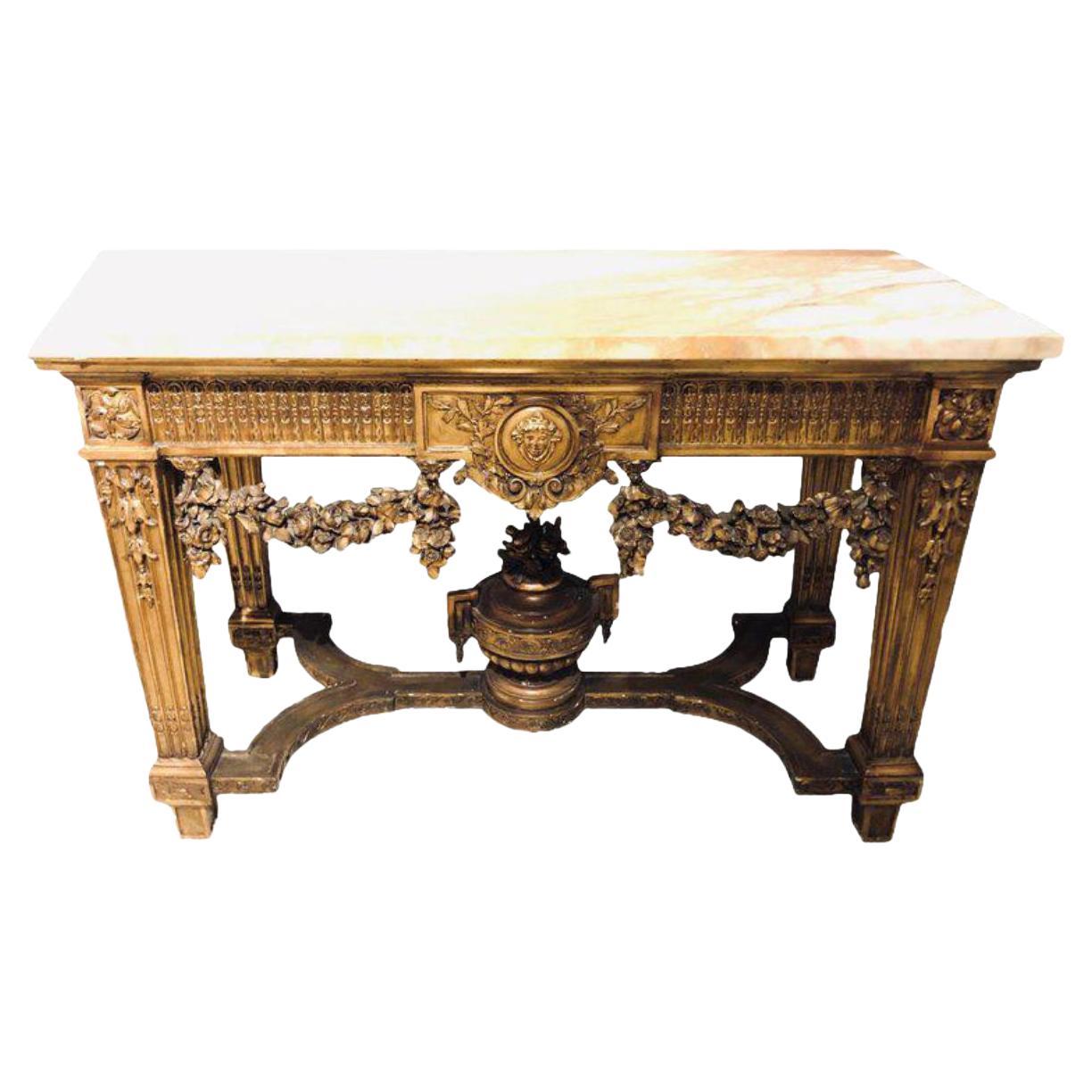 Console en bois doré de style Louis XV avec plateau en marbre, salle ou table centrale en vente