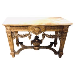 Retro Louis XV Style Giltwood Marble-Top Console, Hall or Center Table